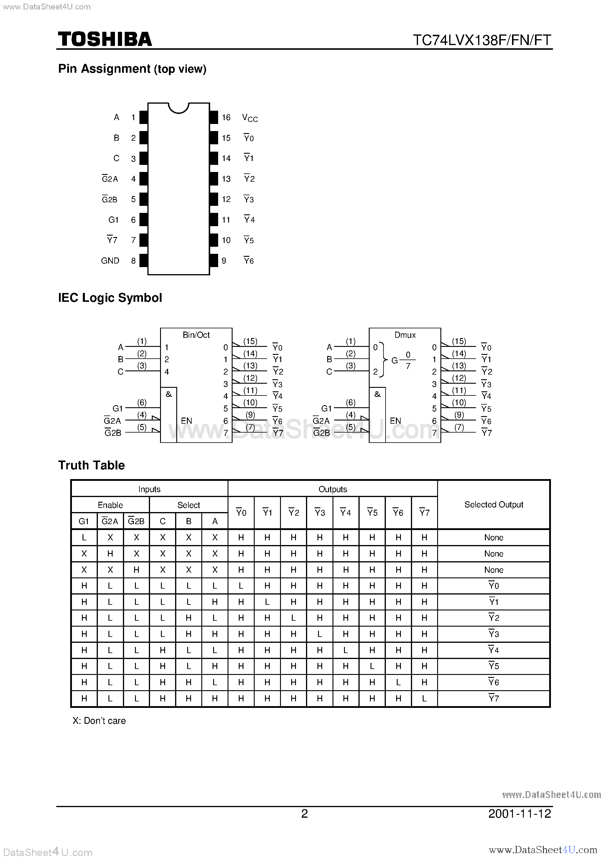 Даташит TC74LVX138F - 3-TO-8 LINE DECODER страница 2