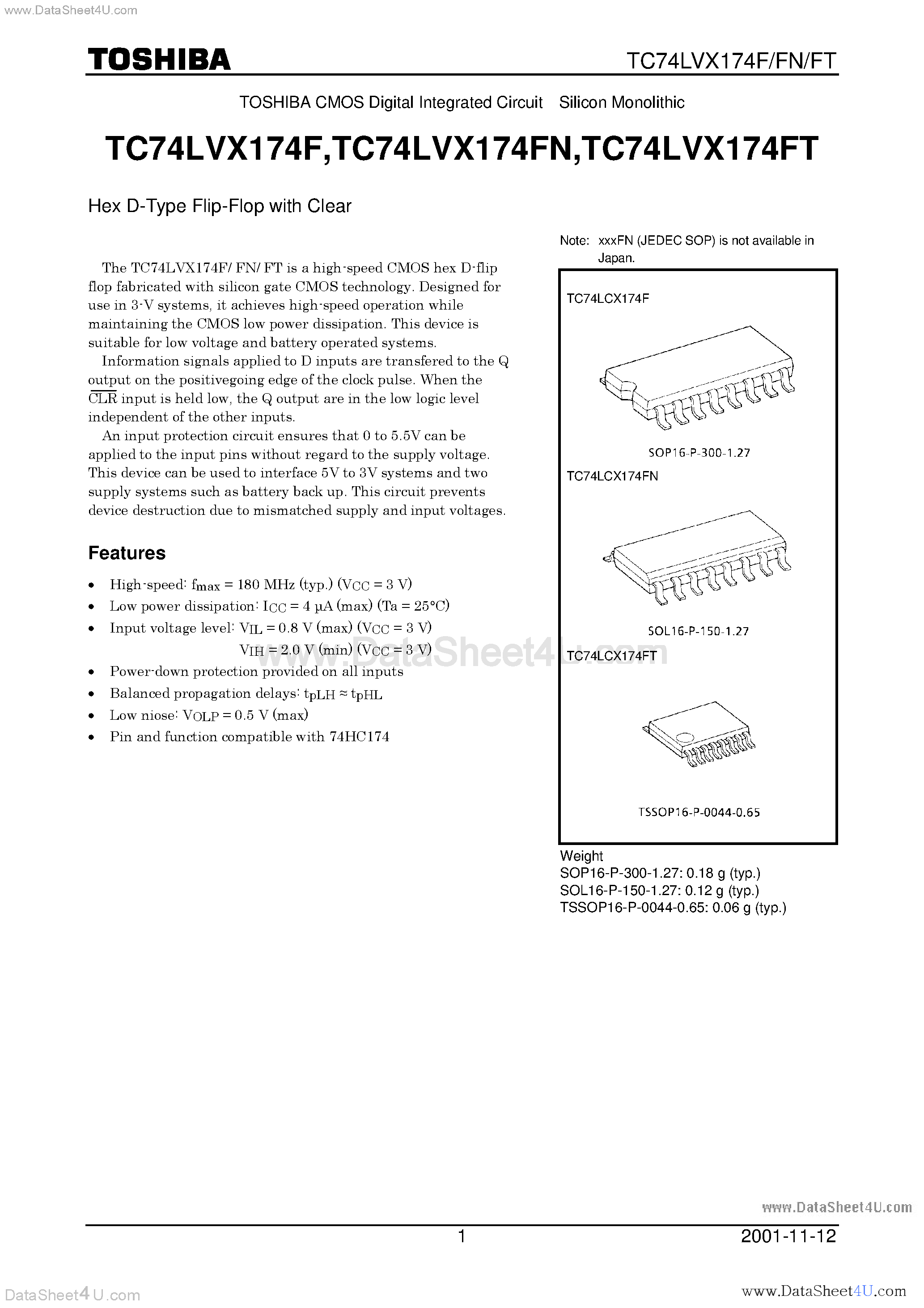 Datasheet TC74LVX174F page 1 Datasheet TC74LVX174F - HEX D-TYPE FLIP FLOP WITH CLEAR page 1