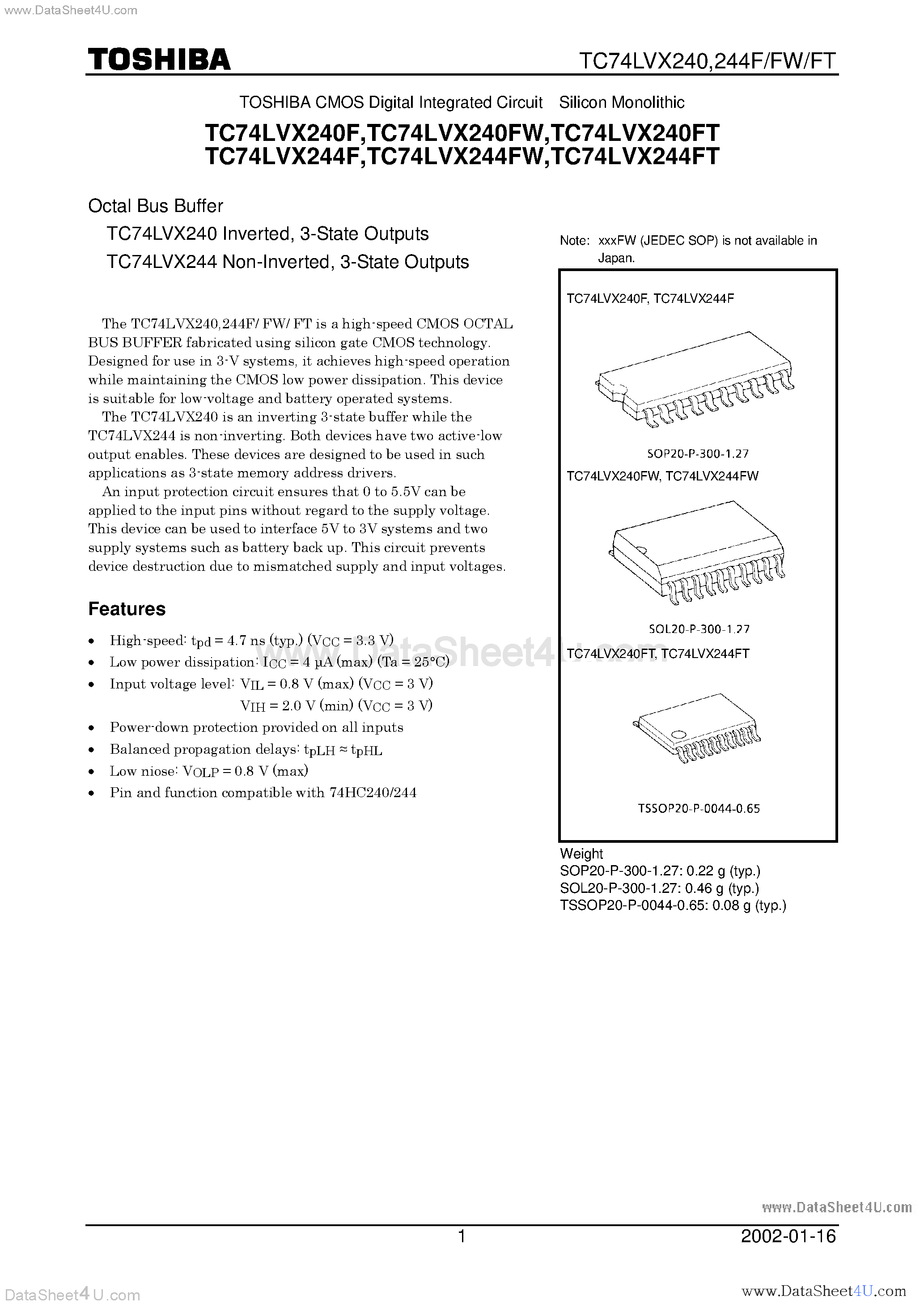 Datasheet TC74LVX240F page 1 Datasheet TC74LVX240F - (TC74LVX240Fx / TC74LVX244Fx) OCTAL BUS BUFFER INVERTED/NON-INVERTED 3-STATE OUTPUTS page 1
