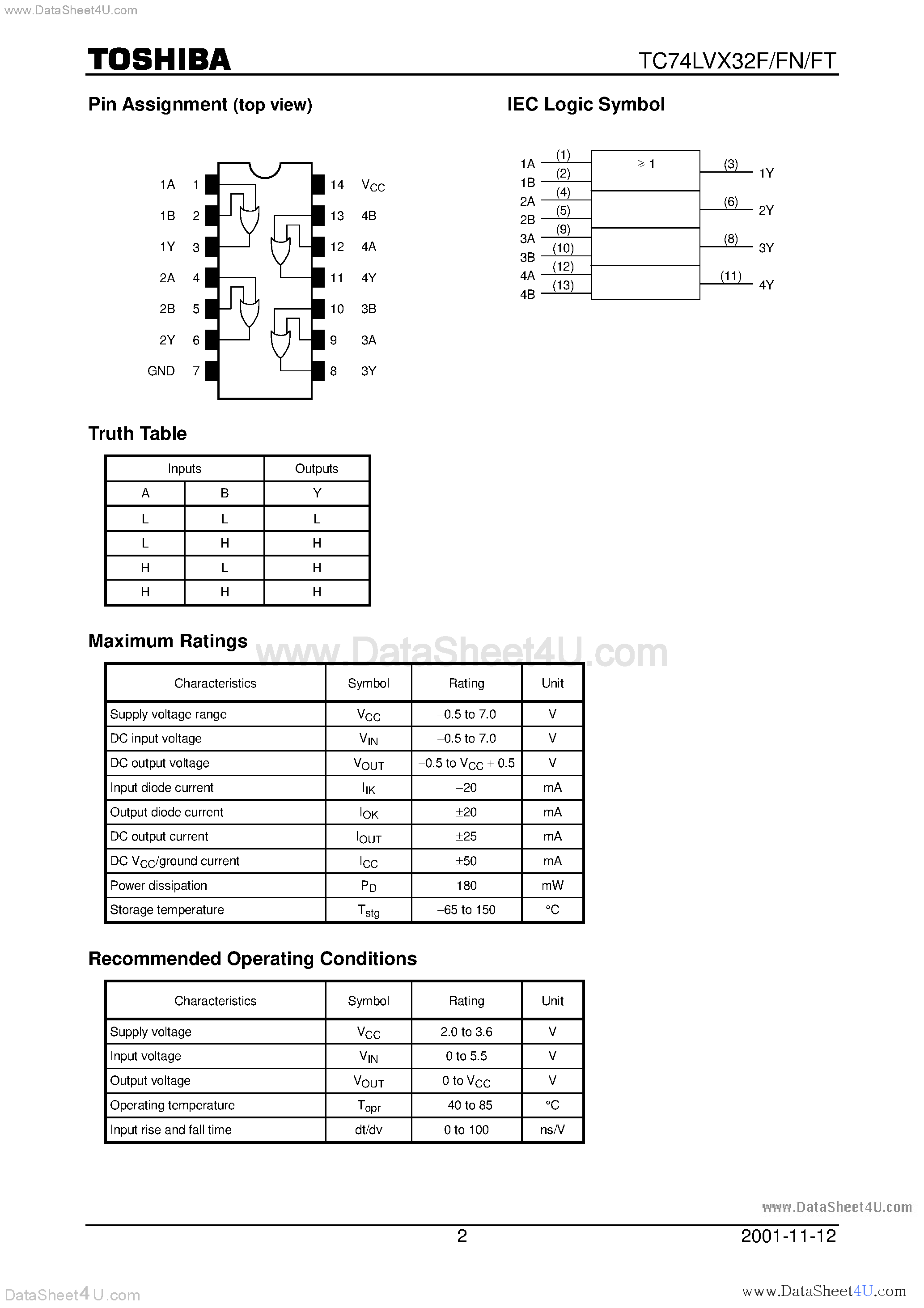 Datasheet TC74LVX32F - QUAD 2-INPUT OR GATE page 2