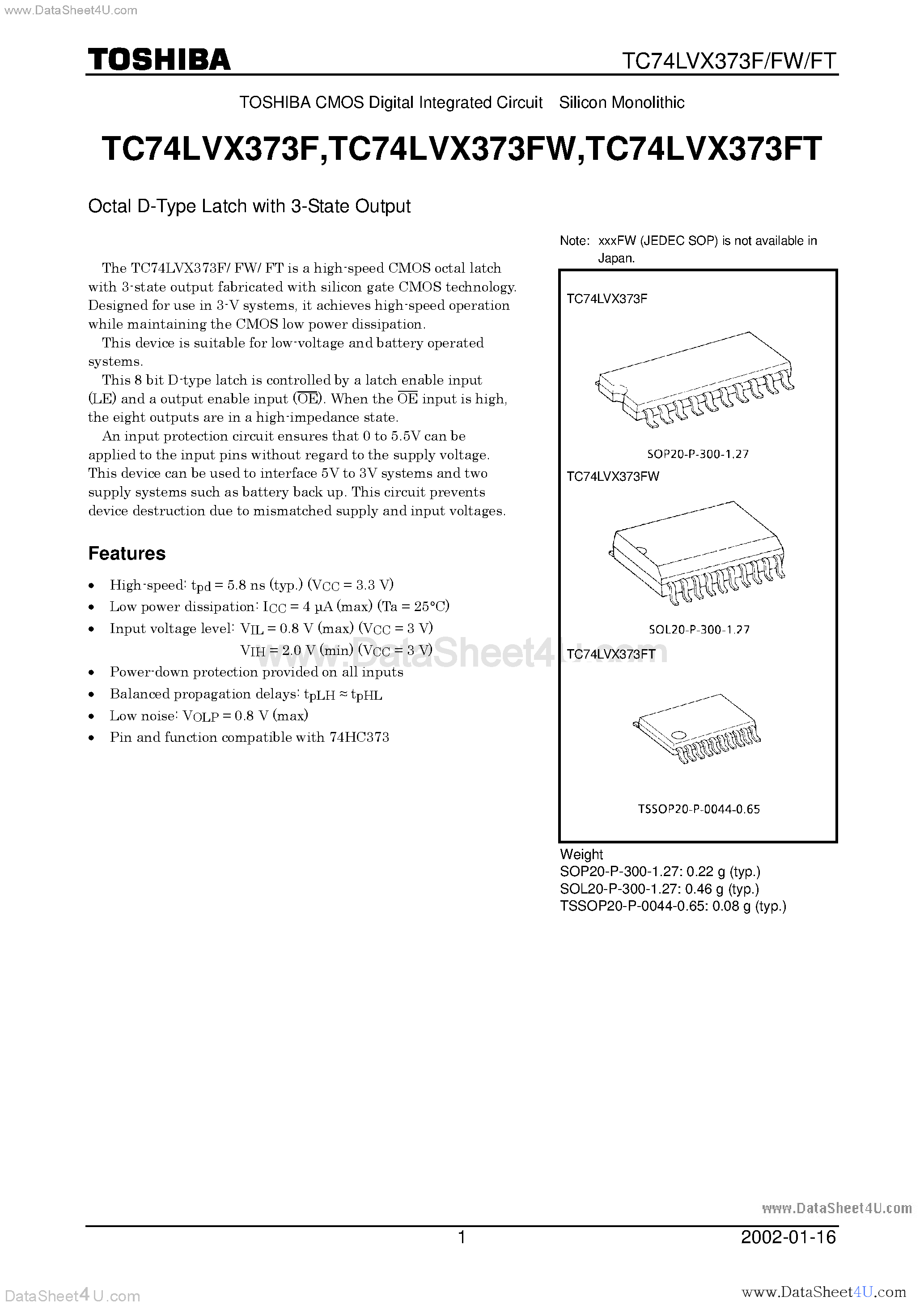 Datasheet TC74LVX373F page 1 Datasheet TC74LVX373F - OCTAL D-TYPE LATCH WITH 3-TATE OUTPUT page 1