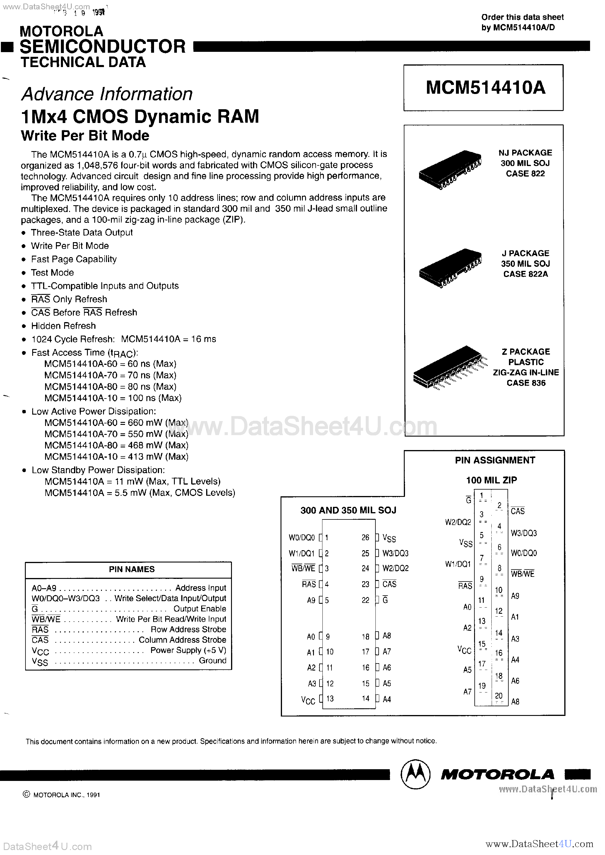 Datasheet MCM514410A - 1M x 4 CMOS DRAM page 1