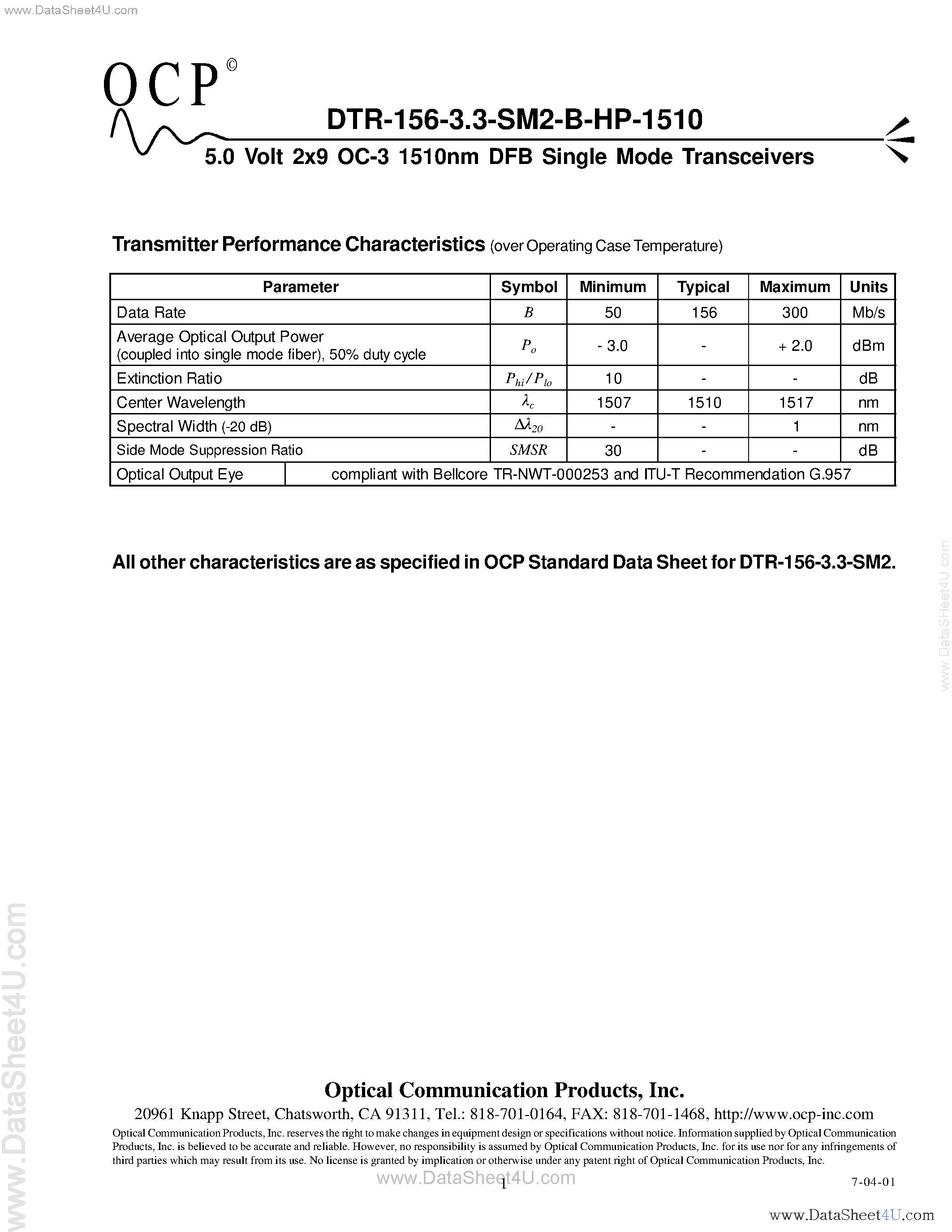 Datasheet DTR-156-3.3-SM2-B-HP-1510 - 5 VOLT SINGLE MODE TRANSCEIVERS page 1