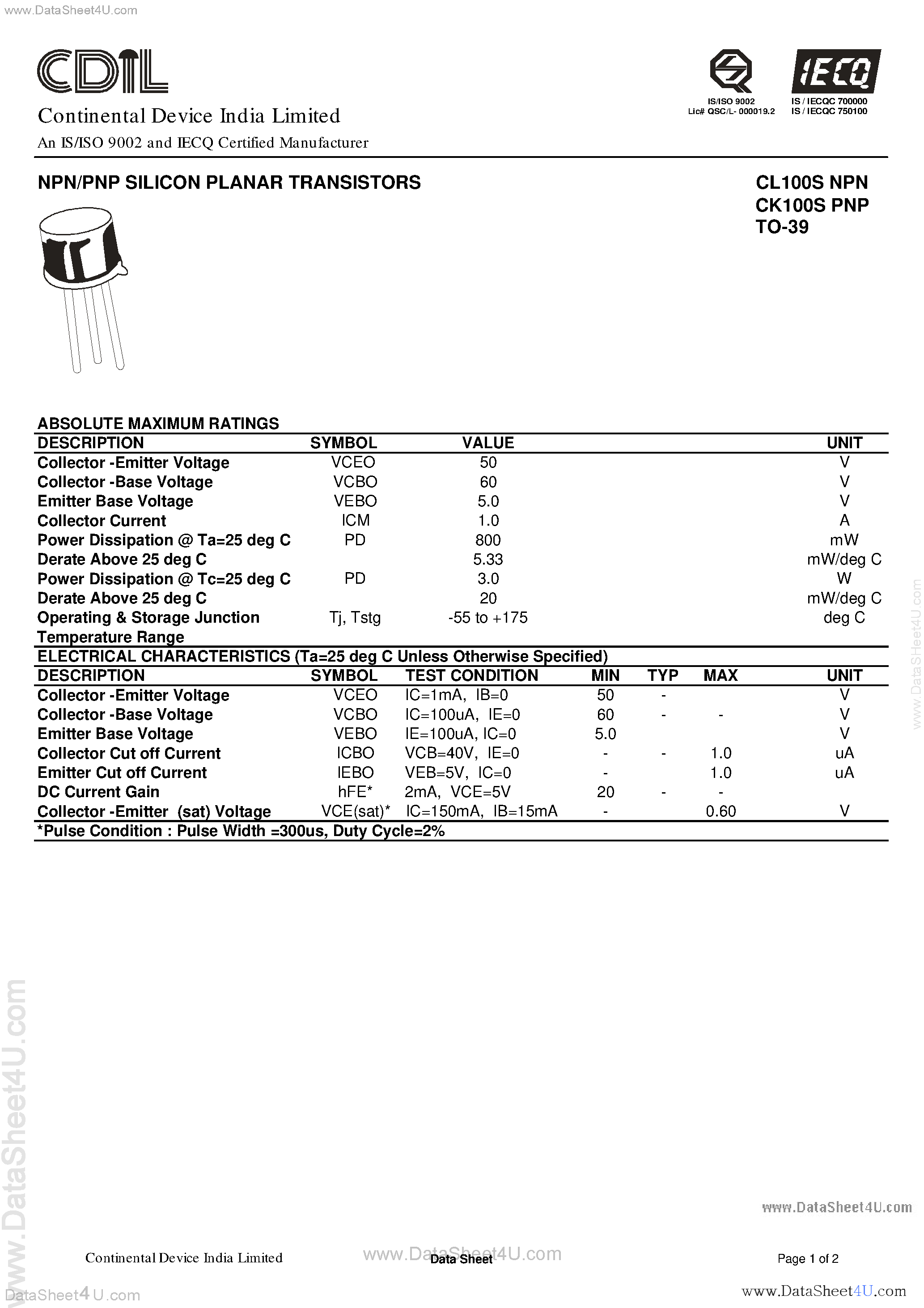 Даташит CL100S - NPN / PNP Silicon Planar Transistors страница 1