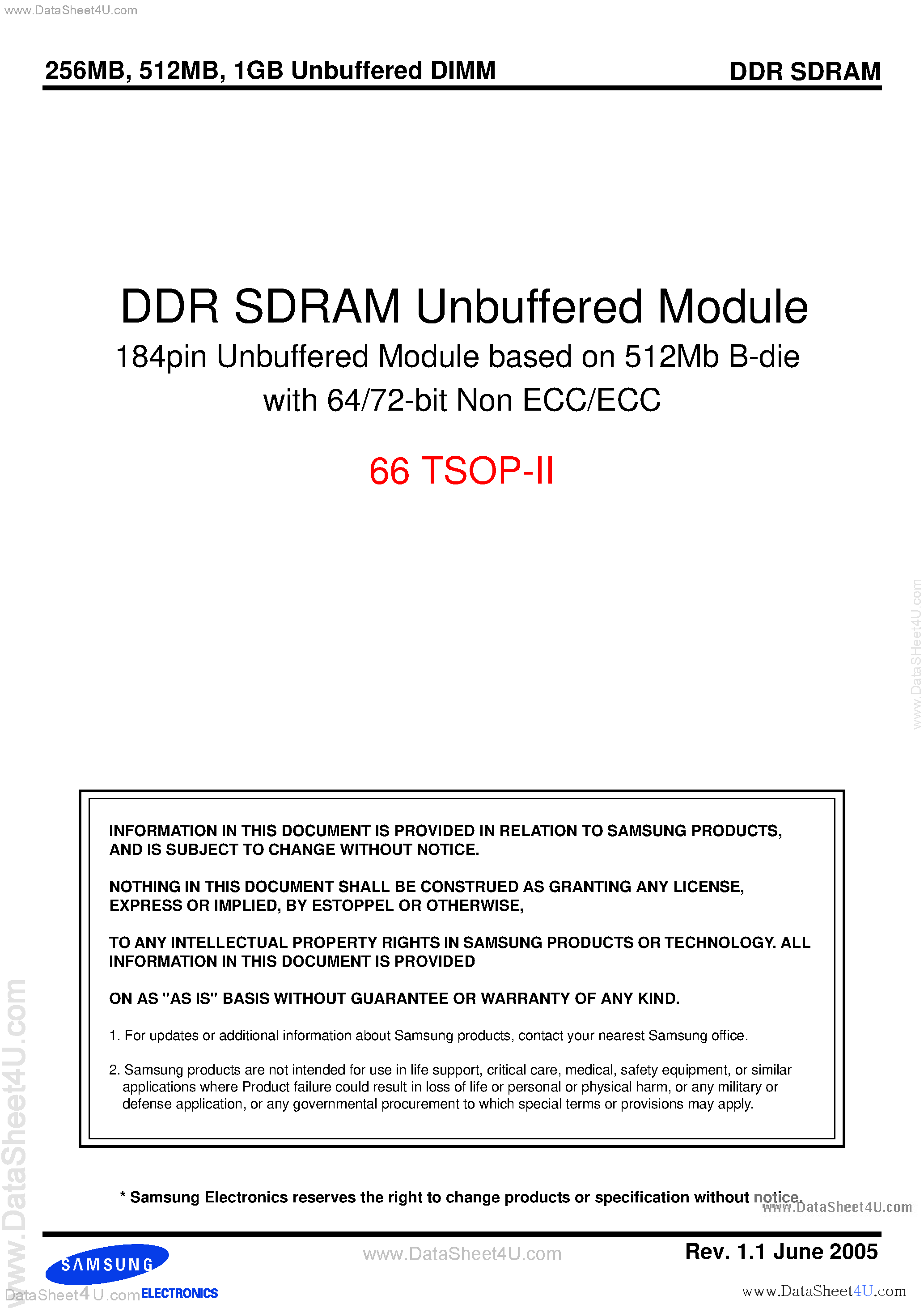 Datasheet M368L2923BTM page 1 Datasheet M368L2923BTM - (M368LxxxxBxM) DDR SDRAM Unbuffered Module 184pin Unbuffered Module based on 512Mb B-die page 1