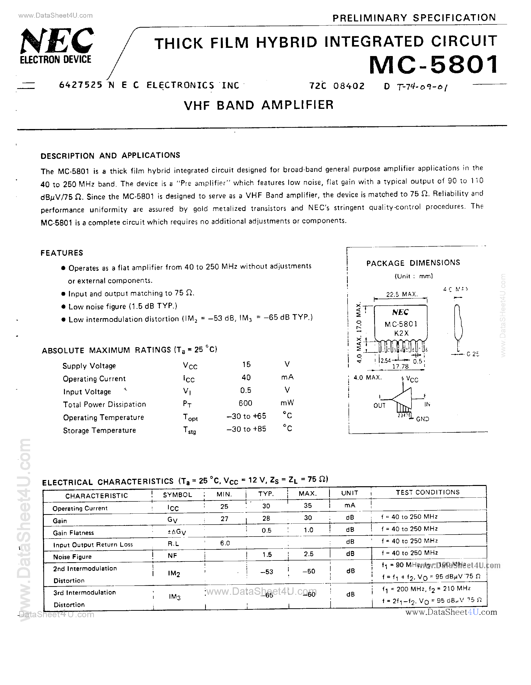 Datasheet MC5801 - VHF Band Amplifier page 1