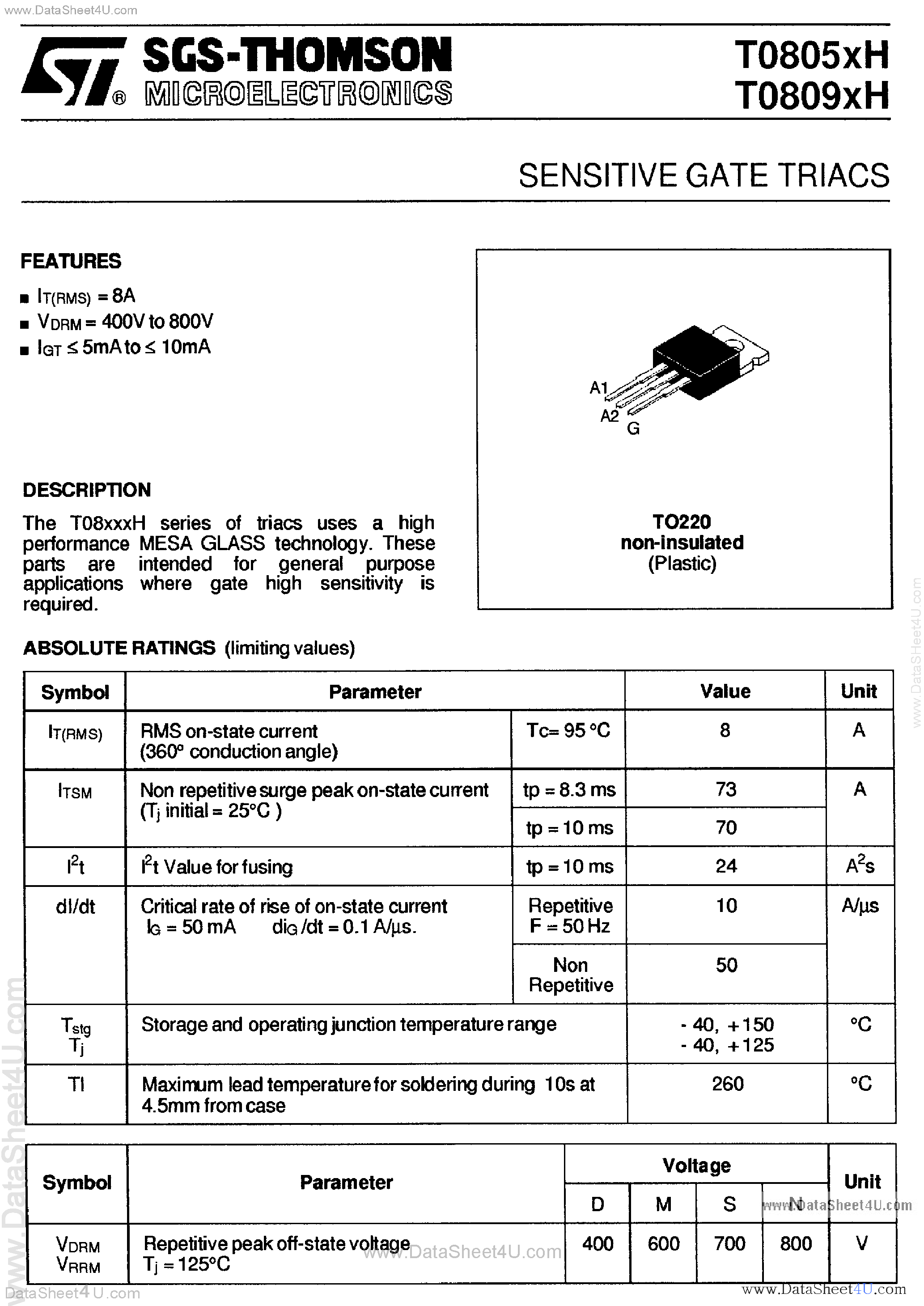 Datasheet T0805DH - (T0805xH / T0809xH) Sensitive Gate Triacs page 1
