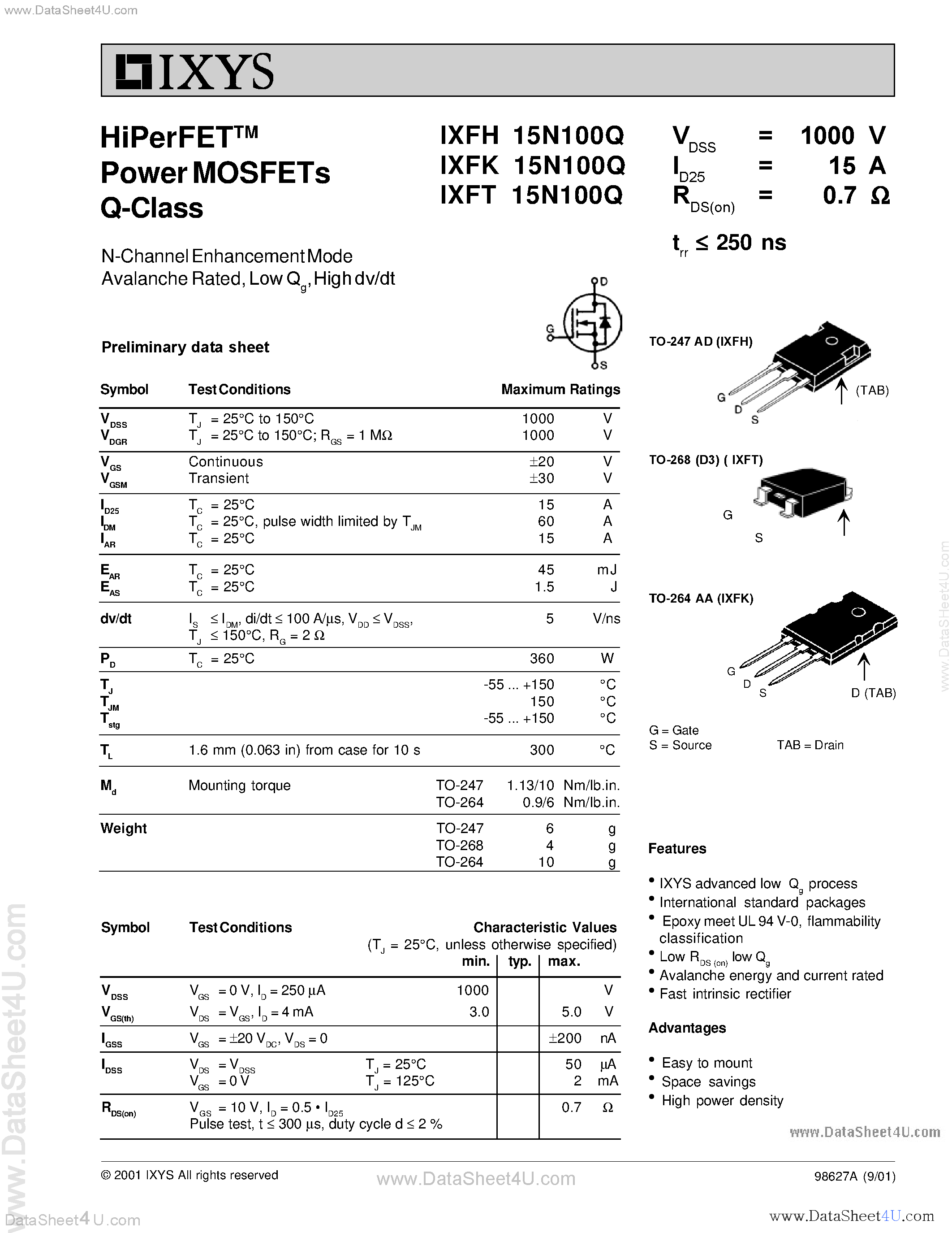 Datasheet IXFH15N100Q page 1 Datasheet IXFH15N100Q - HiPerFET Power MOSFETs Q-Class page 1
