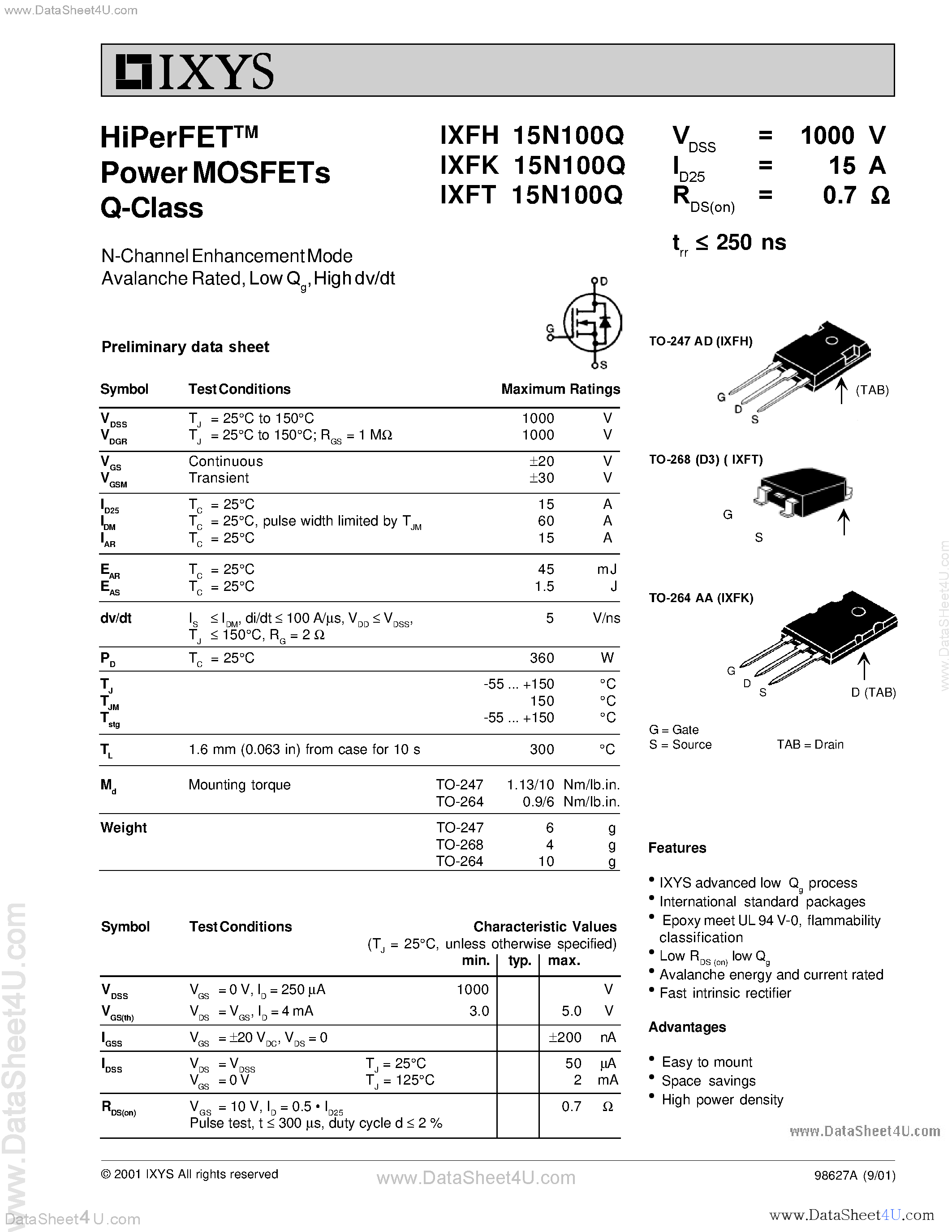 Даташит IXFH15N100Q - HiPerFET Power MOSFETs Q-Class страница 1