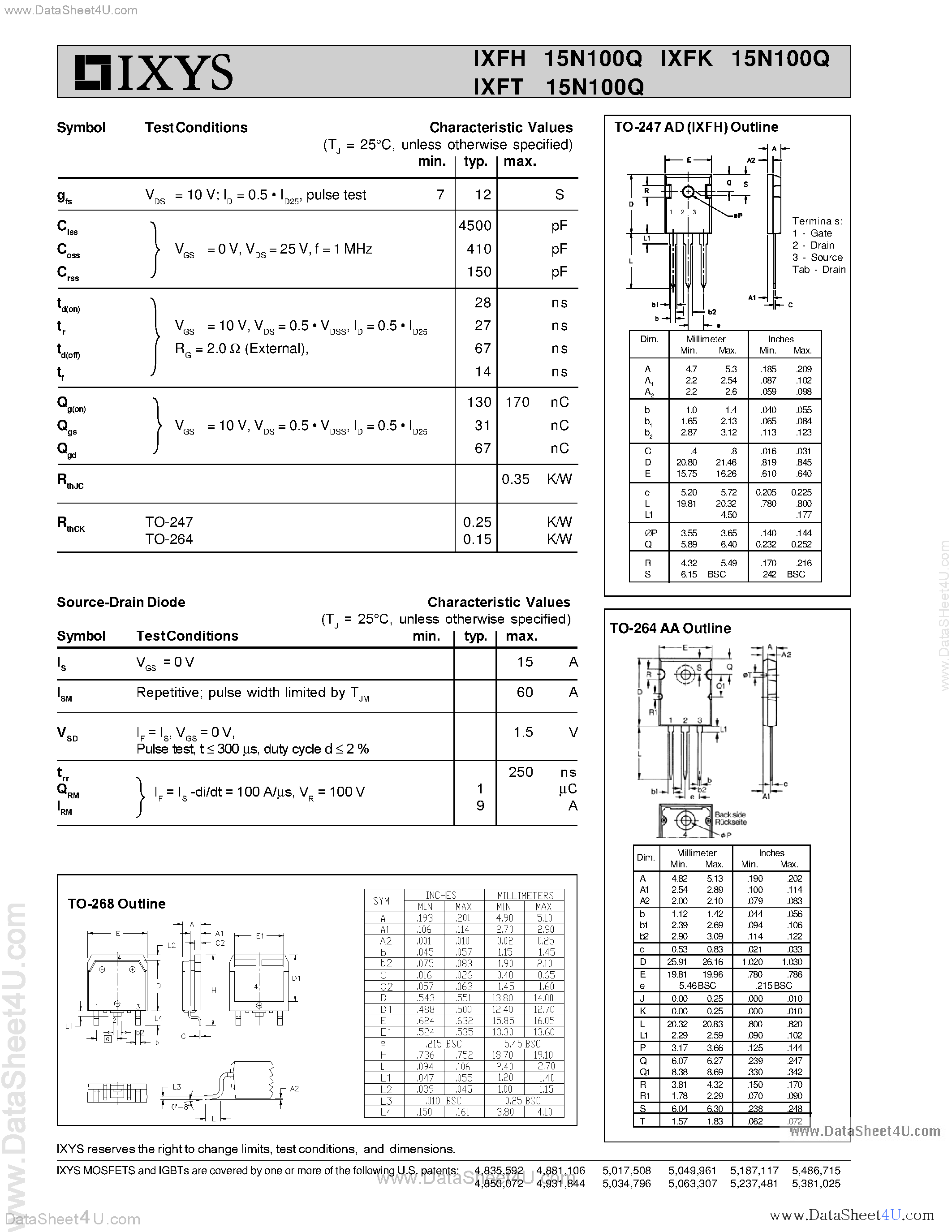 Даташит IXFH15N100Q - HiPerFET Power MOSFETs Q-Class страница 2
