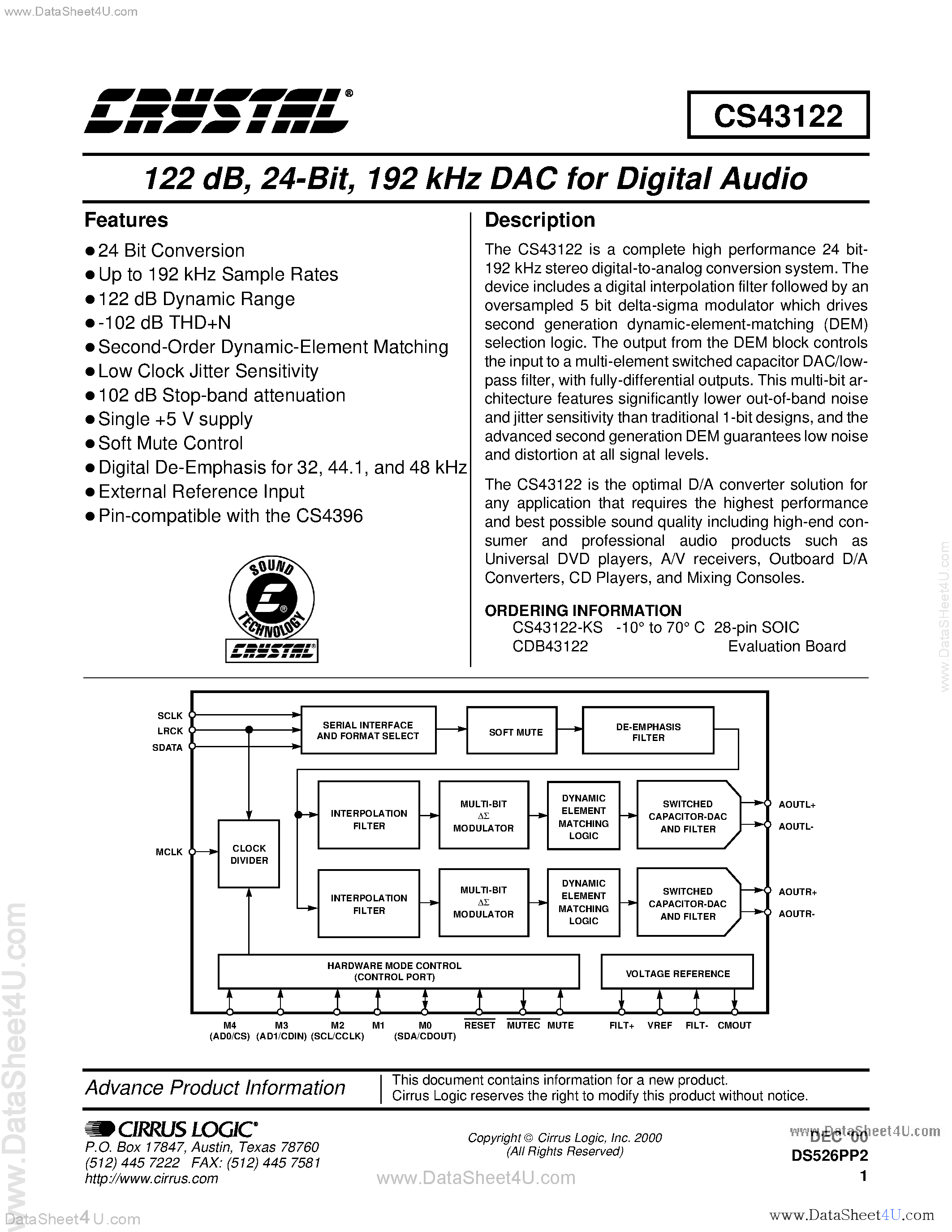 Datasheet CS43122 - 192kHz DAC for Digital Audio page 1