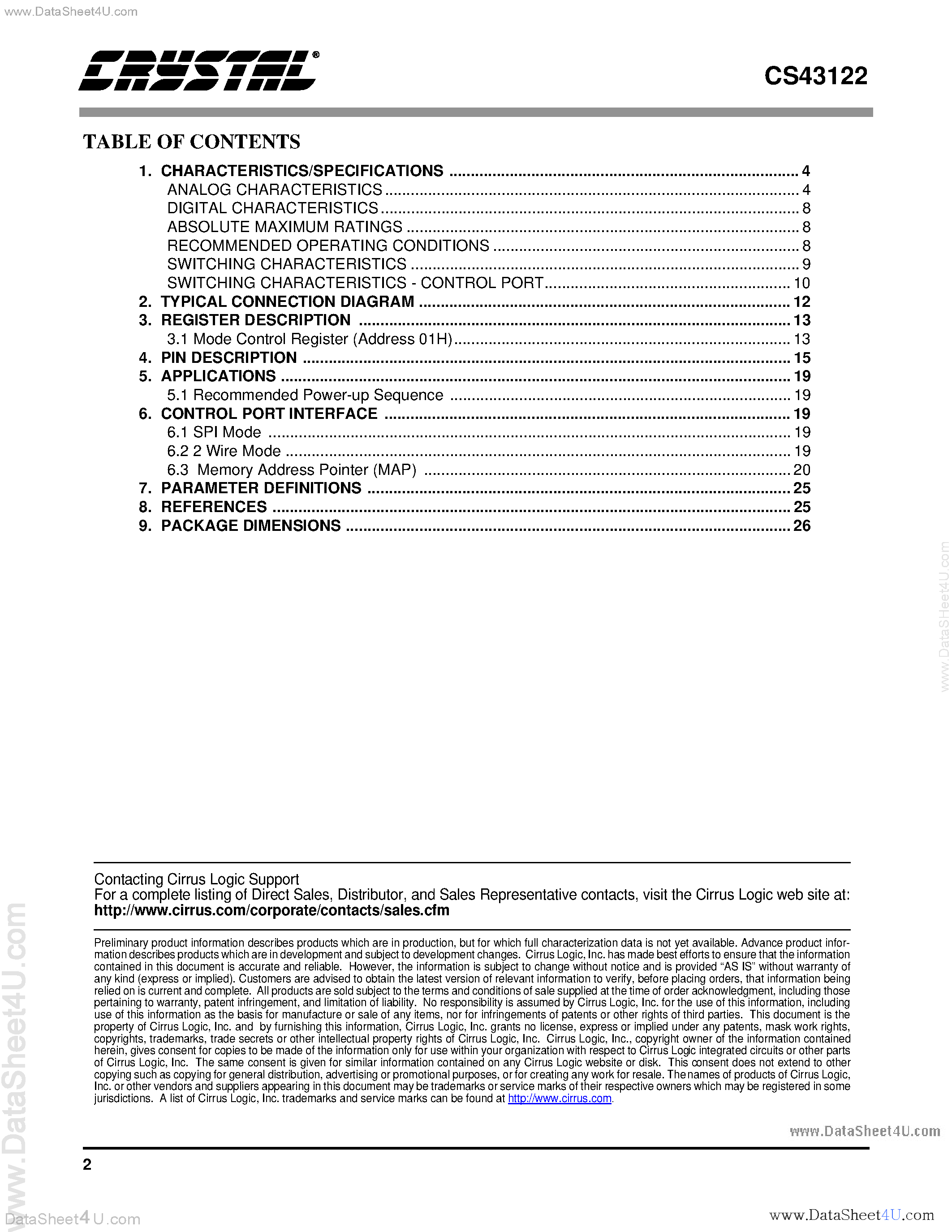 Datasheet CS43122 - 192kHz DAC for Digital Audio page 2