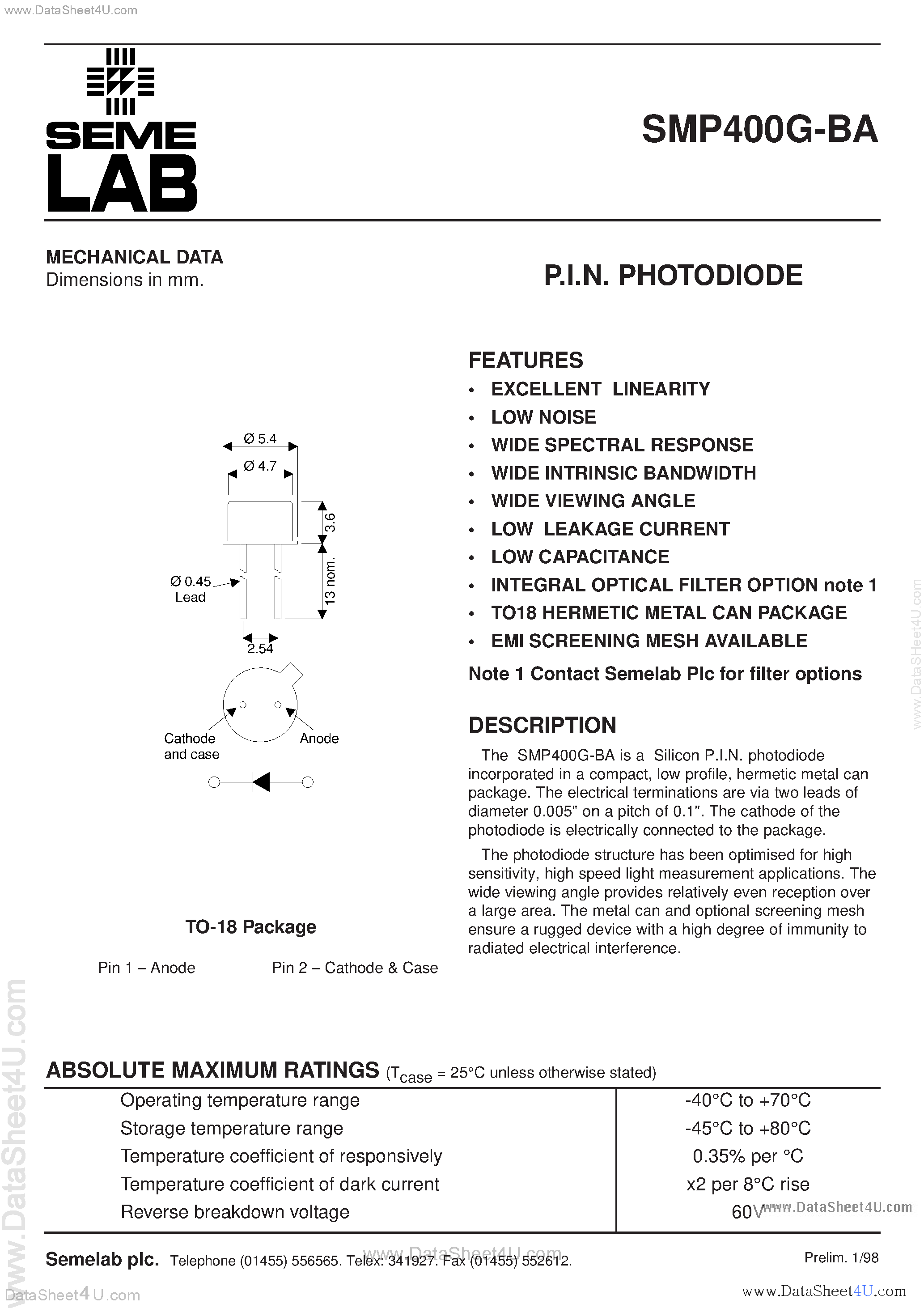 Datasheet SMP400G-BA - PIN Photodiode page 1