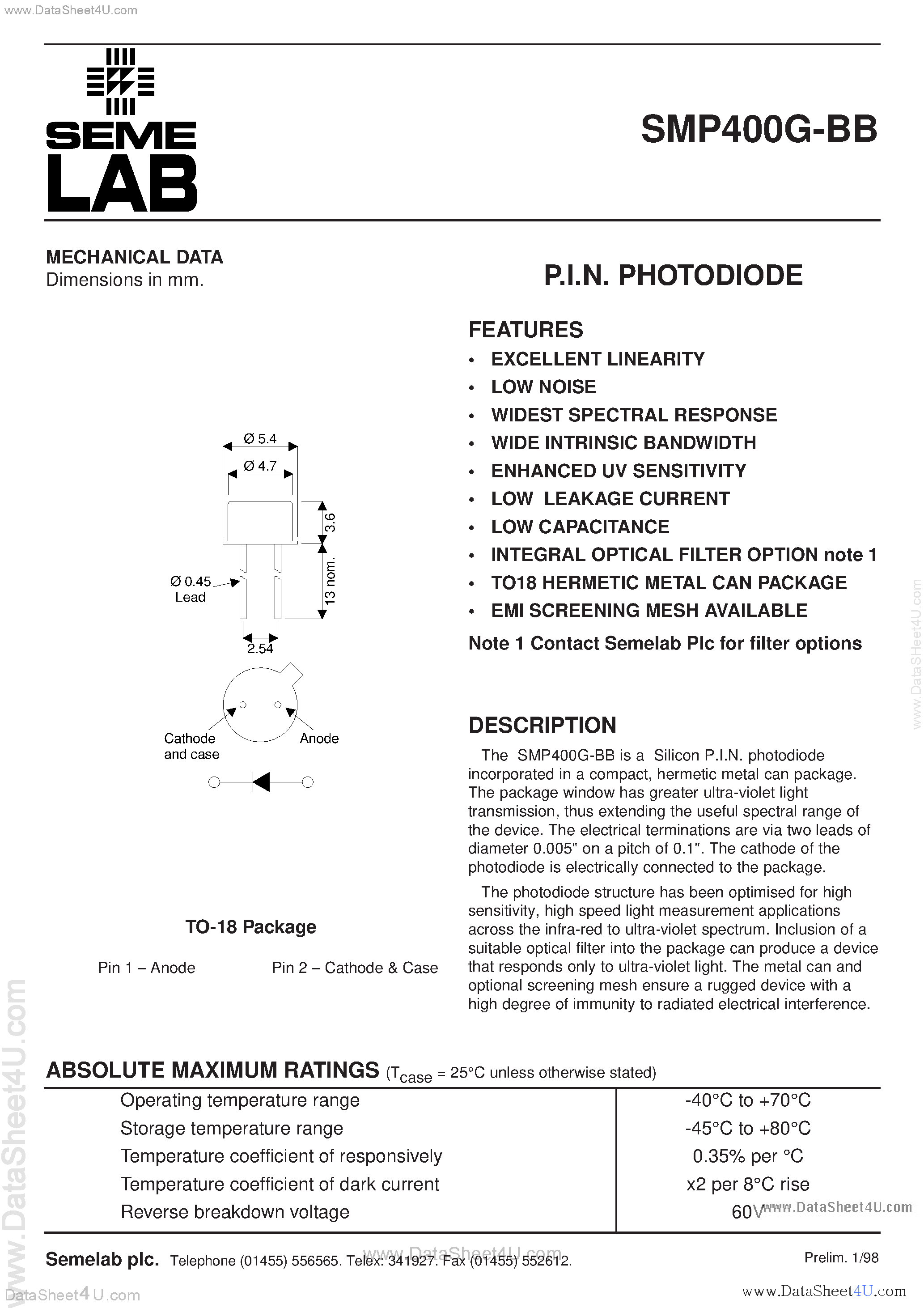 Datasheet SMP400G-BB - PIN Photodiode page 1