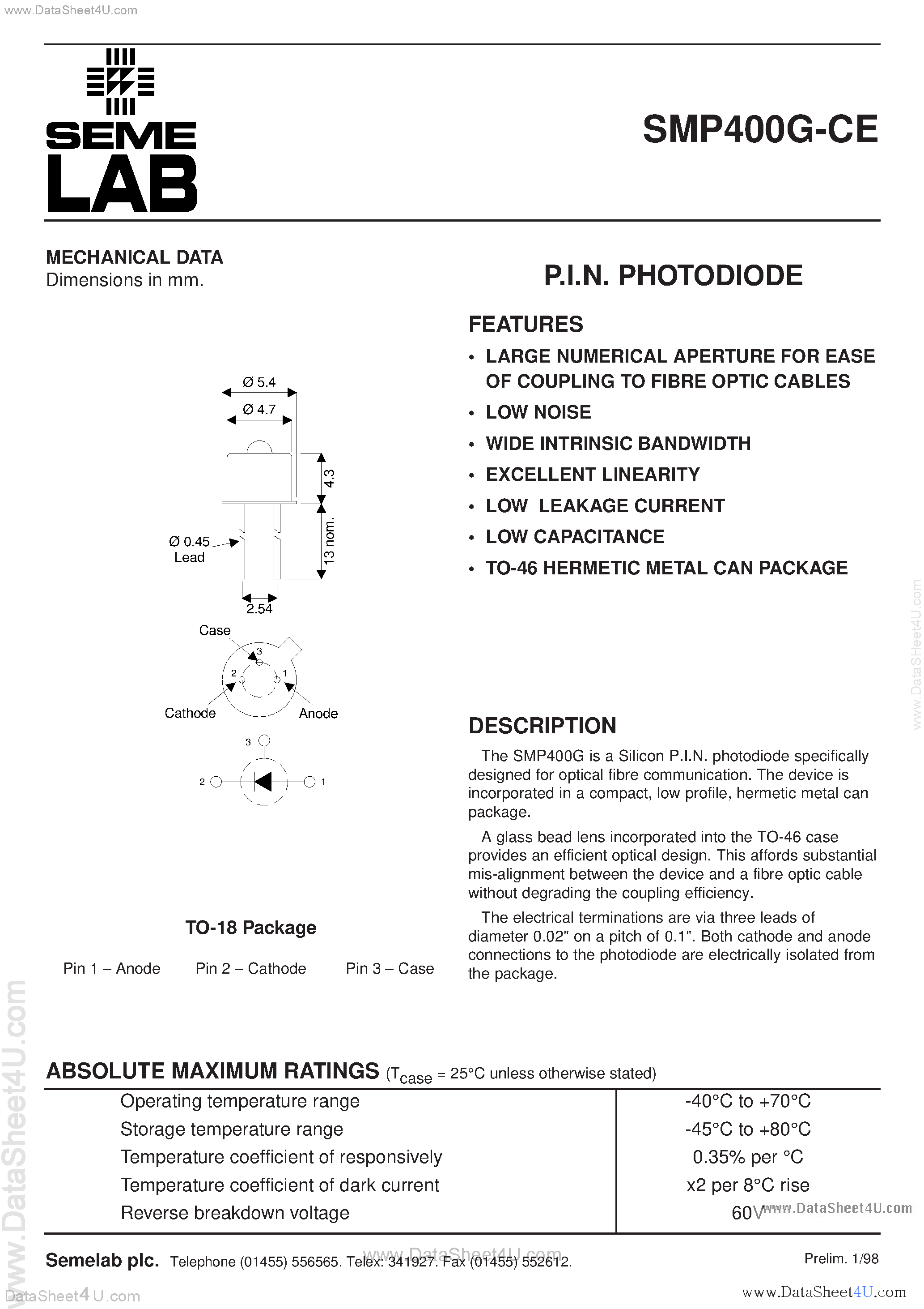 Datasheet SMP400G-CE - PIN Photodiode page 1