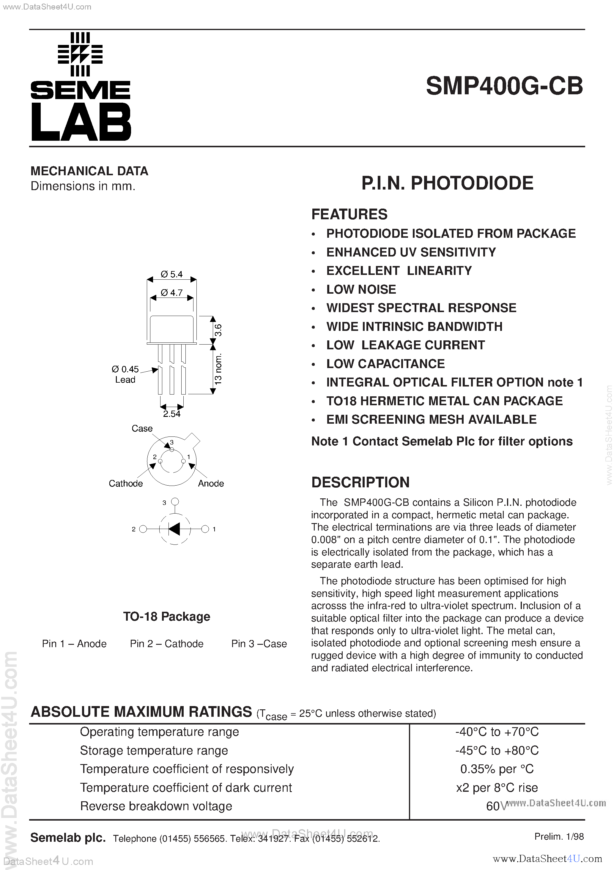 Datasheet SMP400G-CB - PIN Photodiode page 1