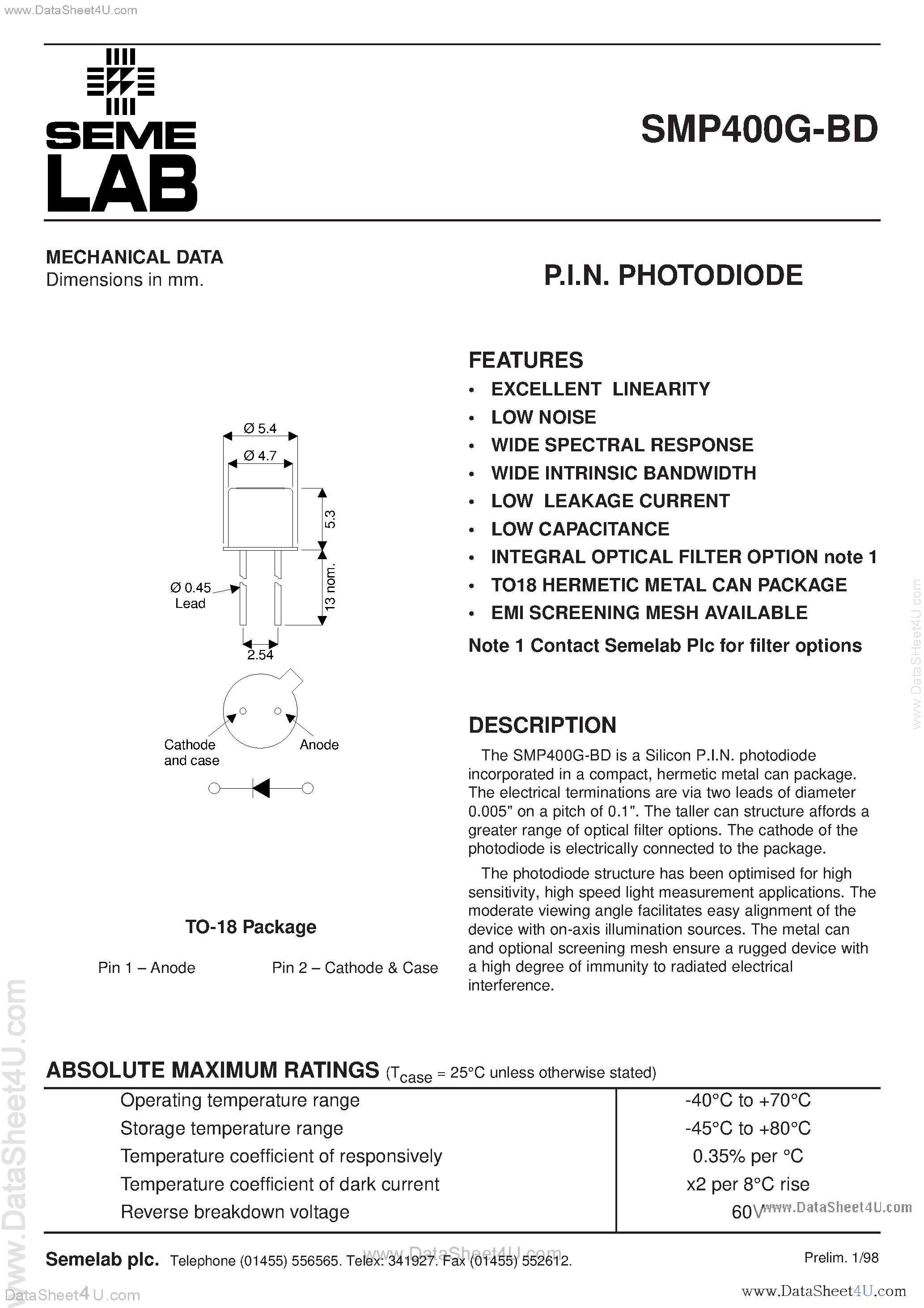 Даташит SMP400G-BD - PIN Photodiode страница 1