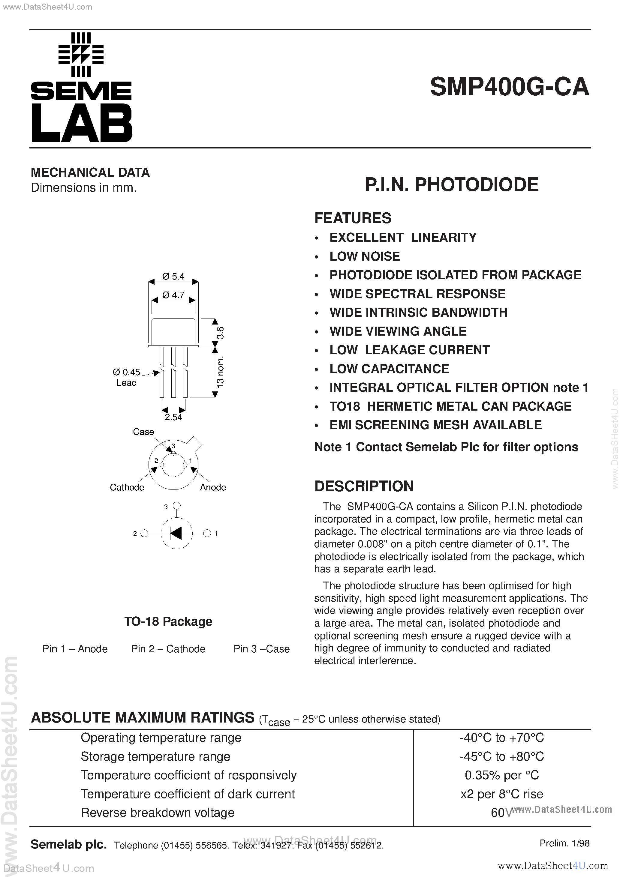 Даташит SMP400G-CA - PIN Photodiode страница 1