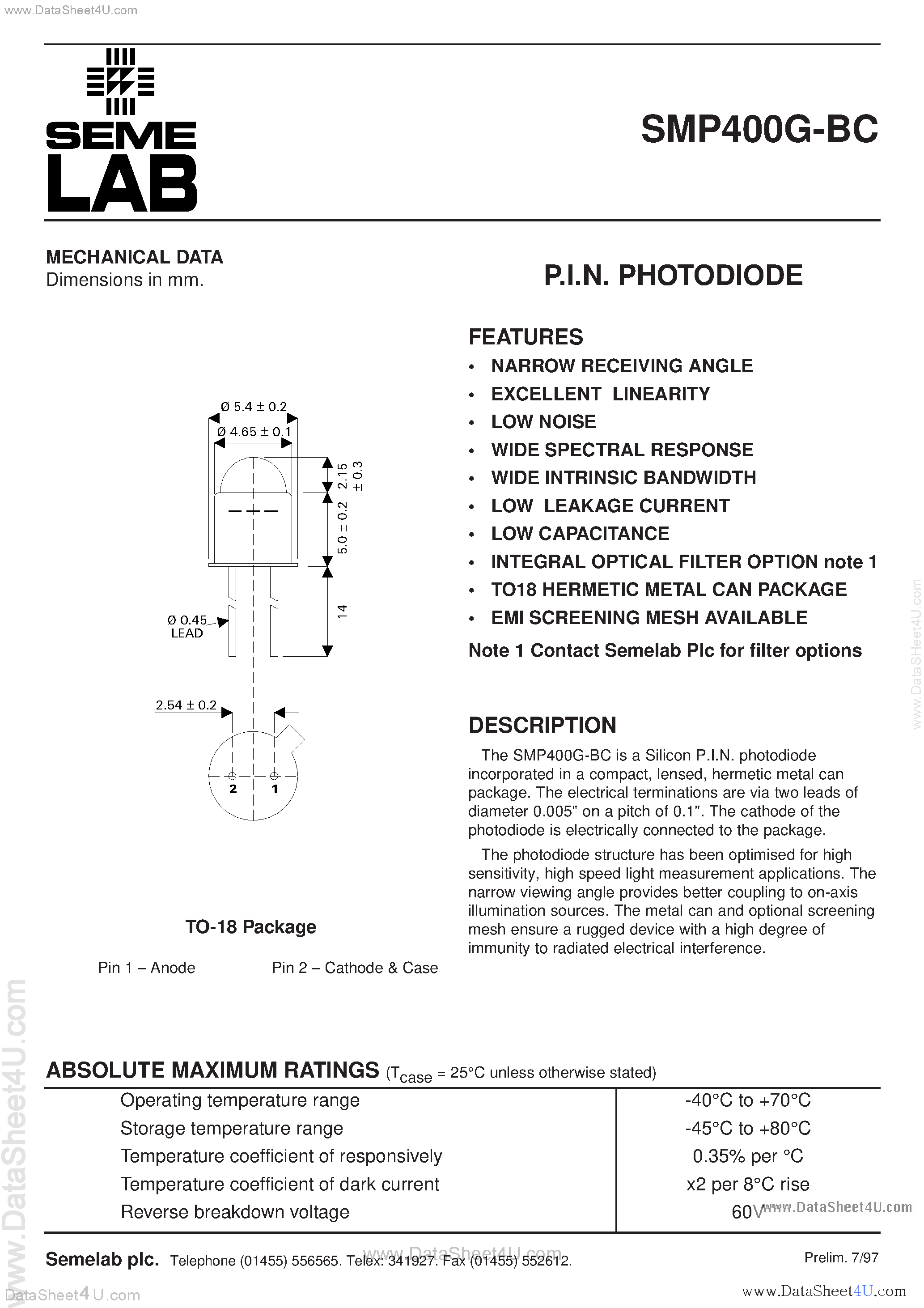 Datasheet SMP400G-BC - PIN Photodiode page 1