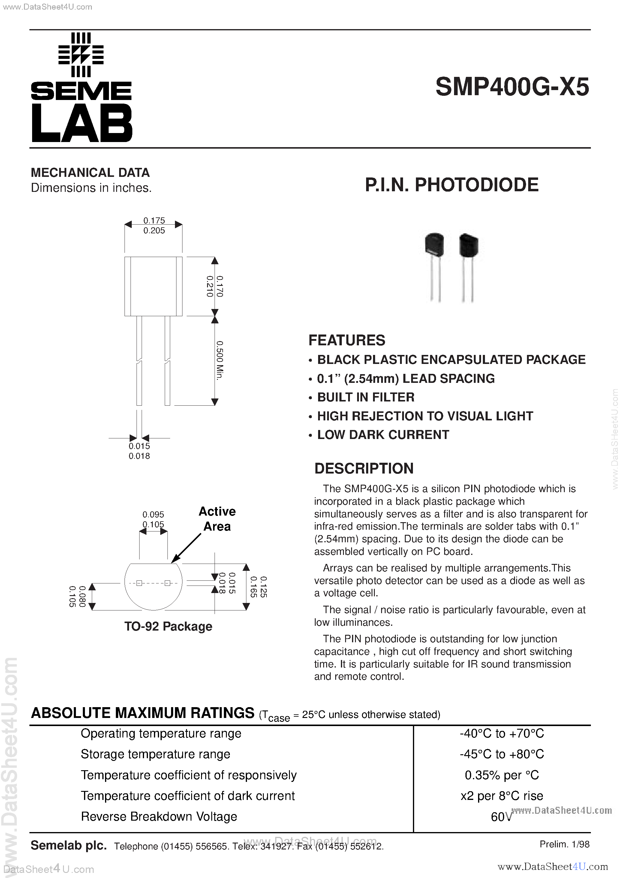 Datasheet SMP400G-X5 - PIN Photodiode page 1