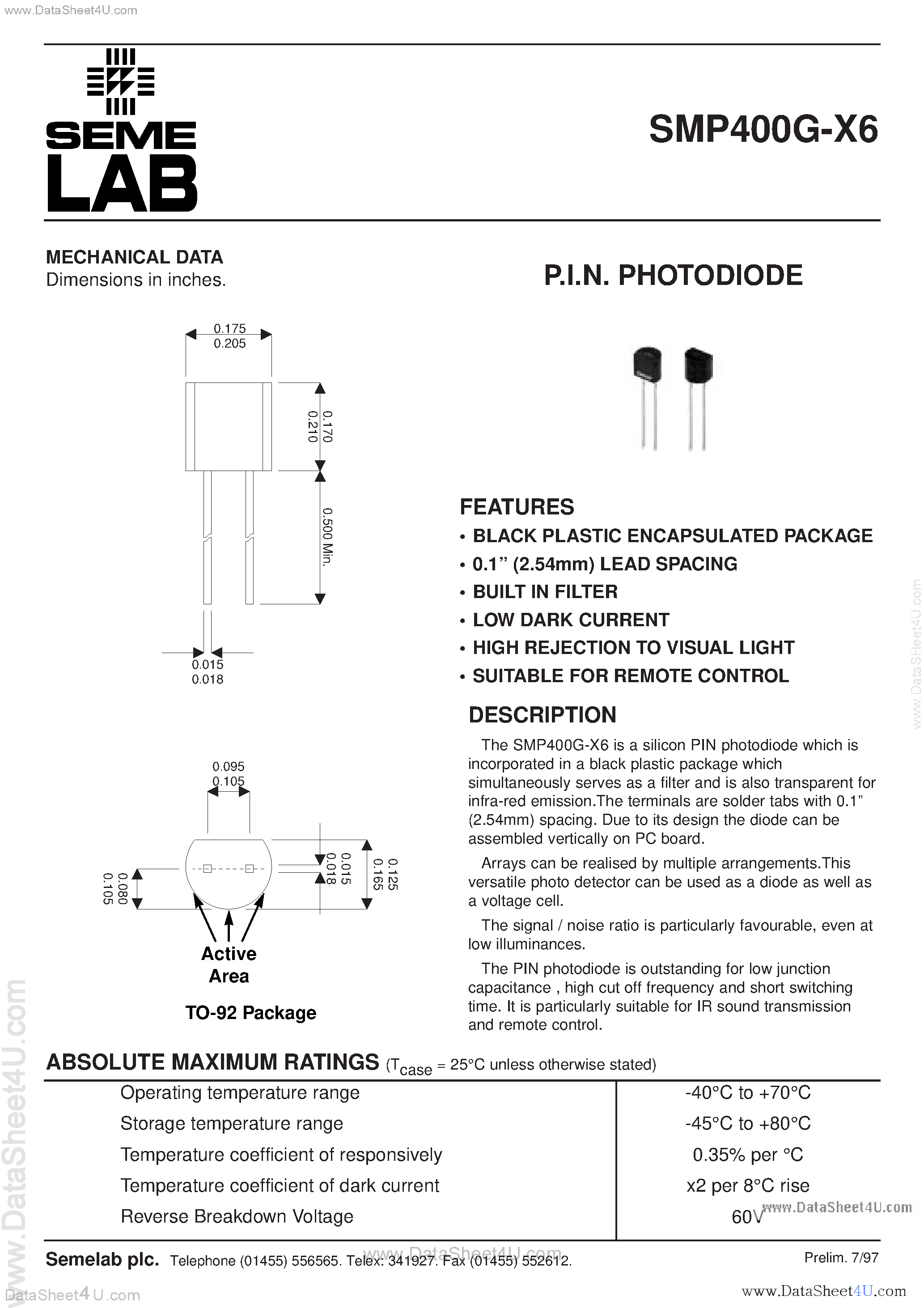 Даташит SMP400G-X6 - PIN Photodiode страница 1