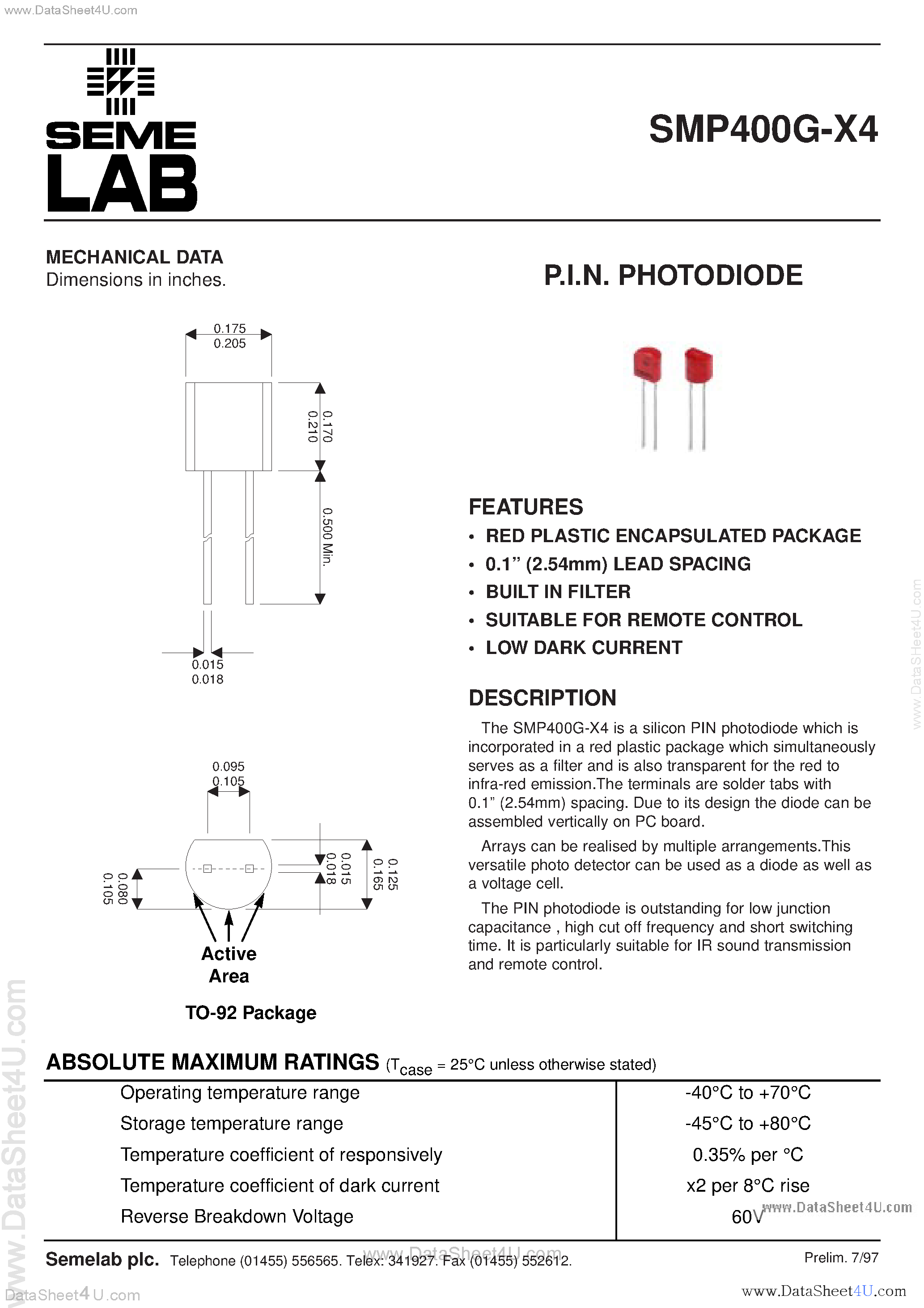 Datasheet SMP400G-X4 - PIN Photodiode page 1