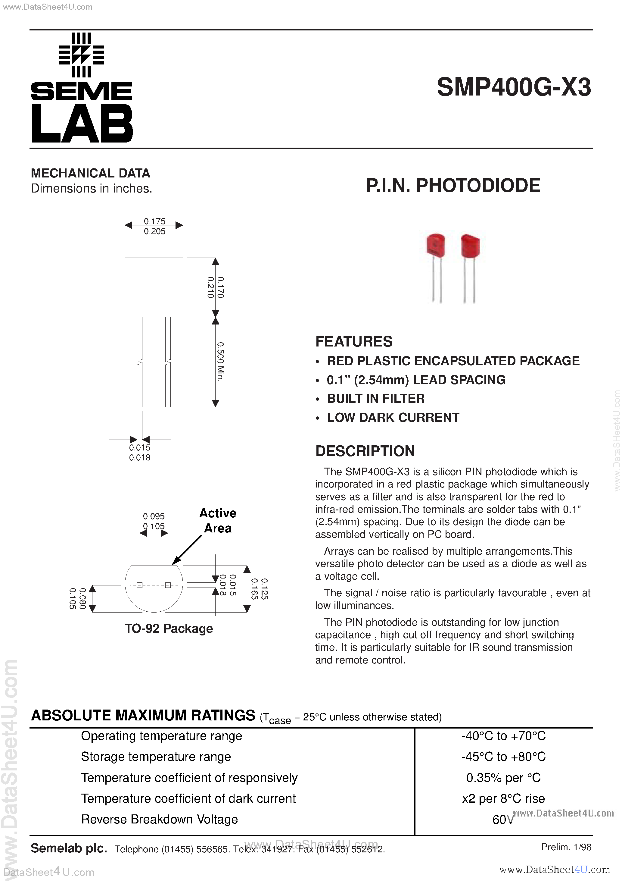 Datasheet SMP400G-X3 - PIN Photodiode page 1
