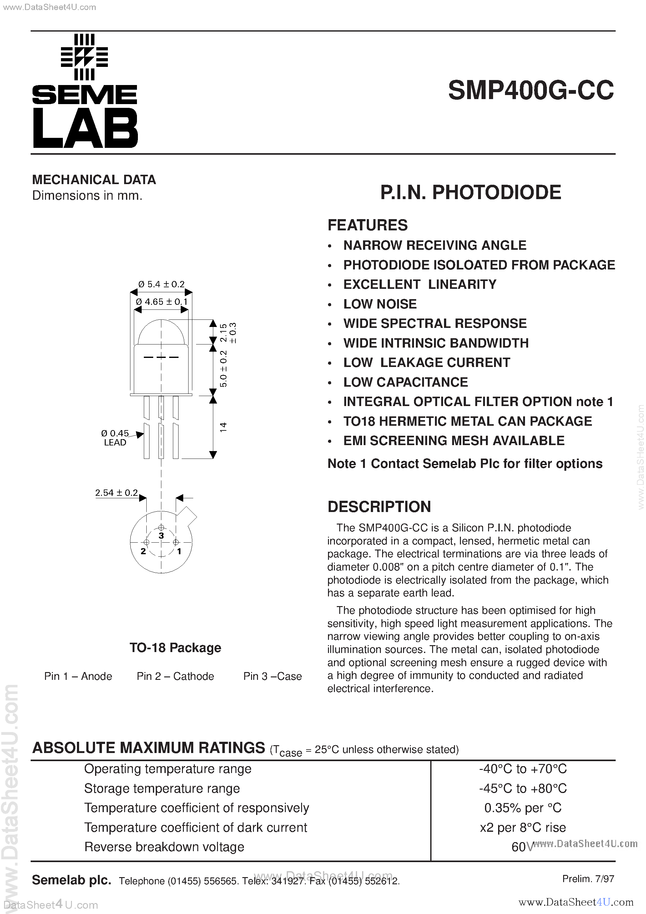 Datasheet SMP400G-CC - PIN Photodiode page 1