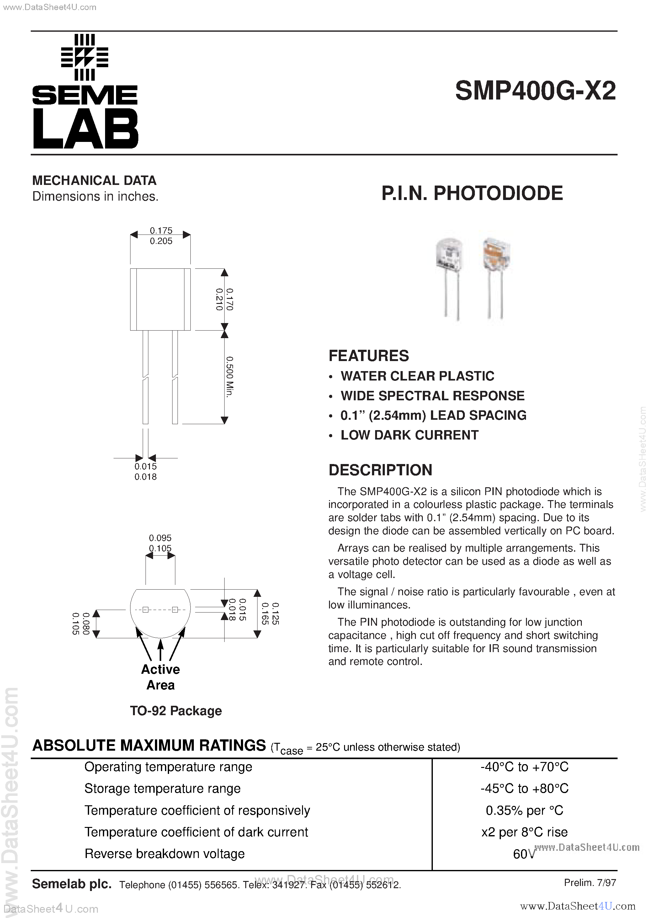Datasheet SMP400G-X2 - PIN Photodiode page 1