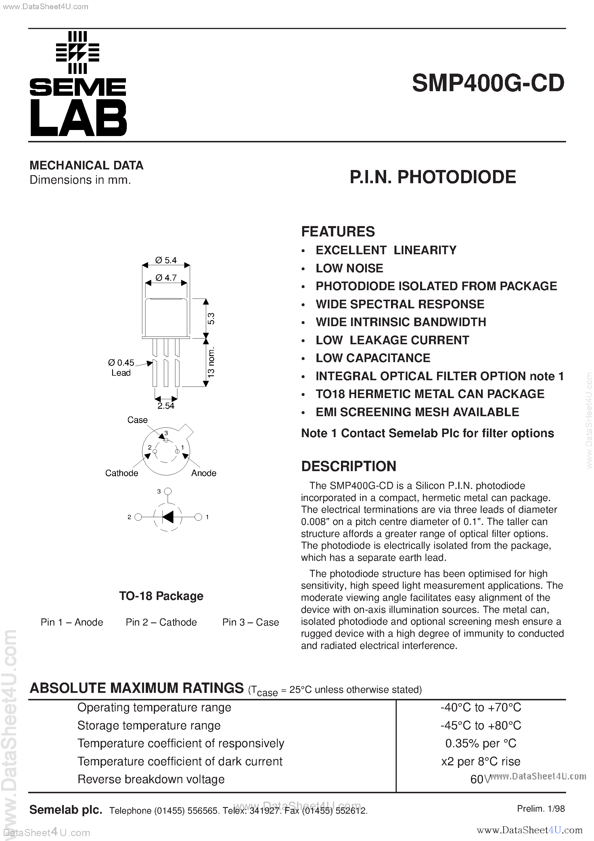 Datasheet SMP400G-CD - PIN Photodiode page 1