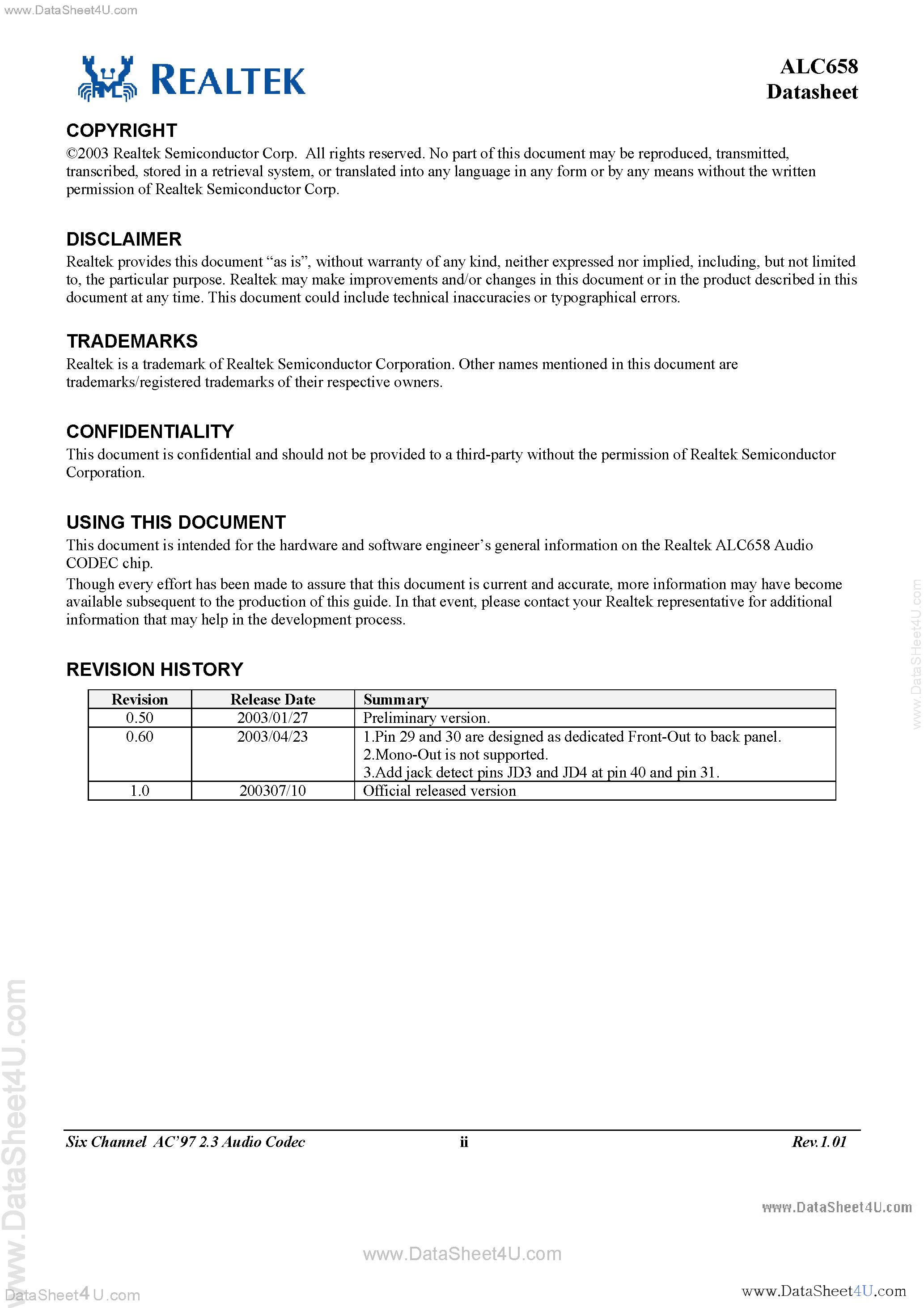 Datasheet ALC658 - 6-Channel Audio Codec page 2