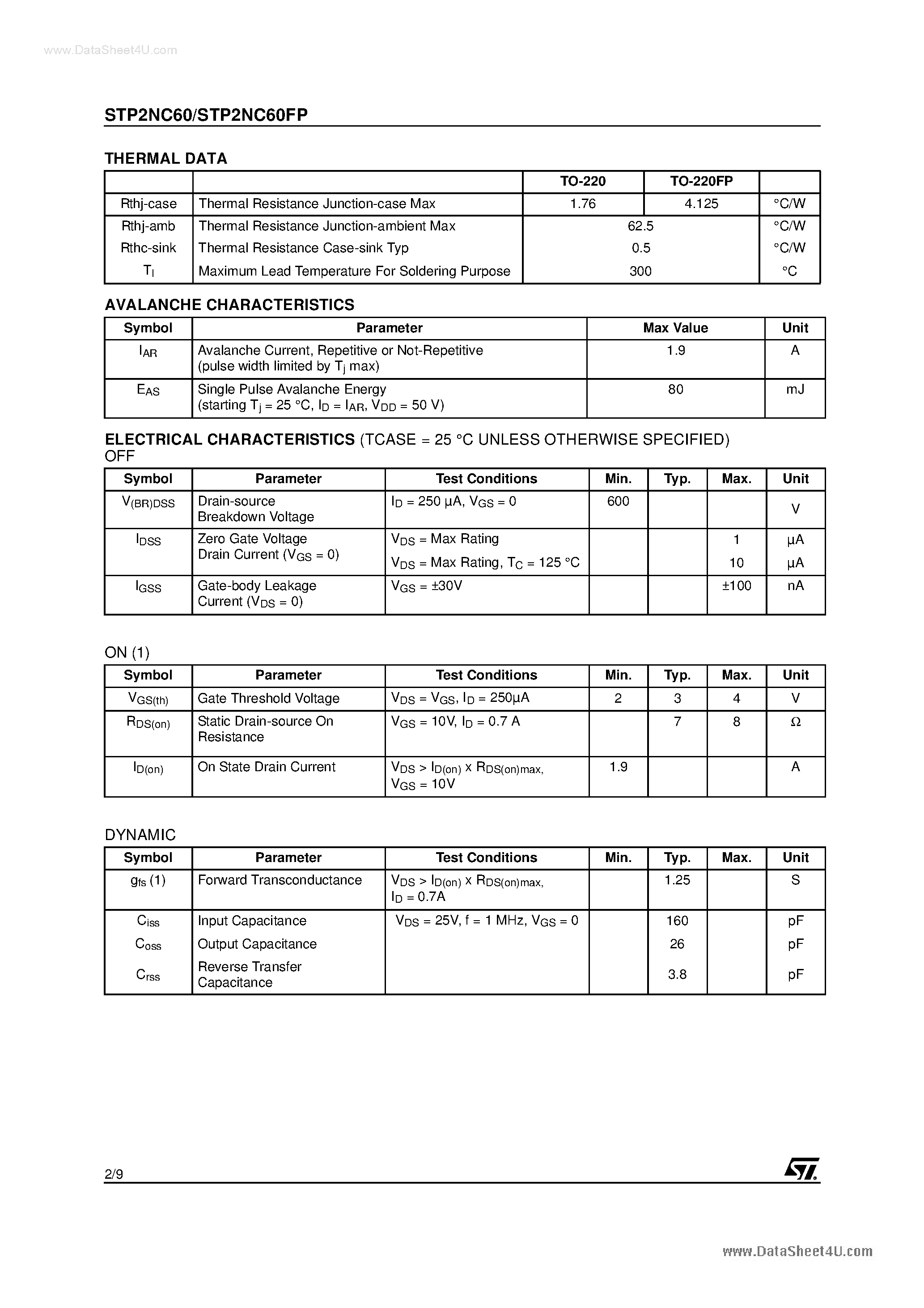 Datasheet P2NC60FP page 2 Datasheet P2NC60FP - Search -----> STP2NC60FP page 2