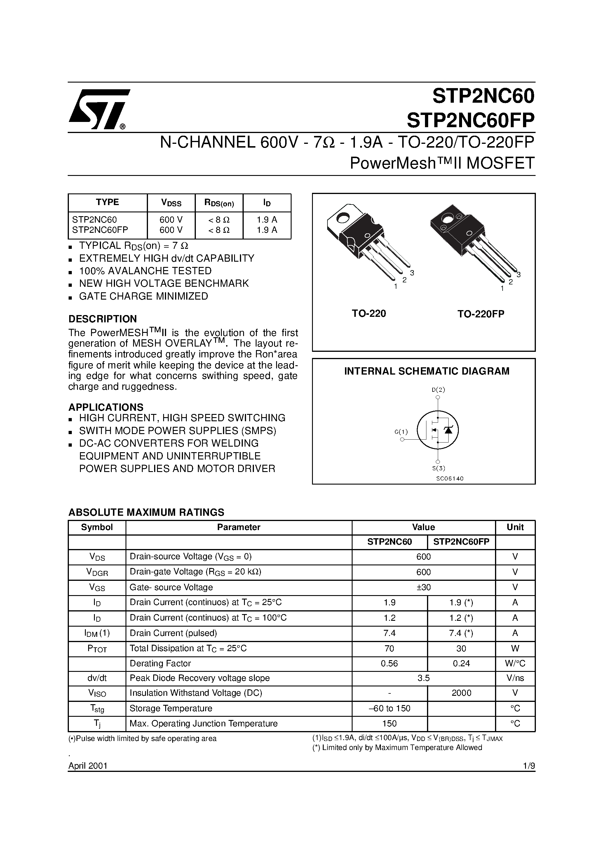 Даташит на микросхему STP2NC60 страница 1 Даташит STP2NC60 - N-CHANNEL 600V 7 OHM 1.9A TO-220-TO-220FP POWERME страница 1