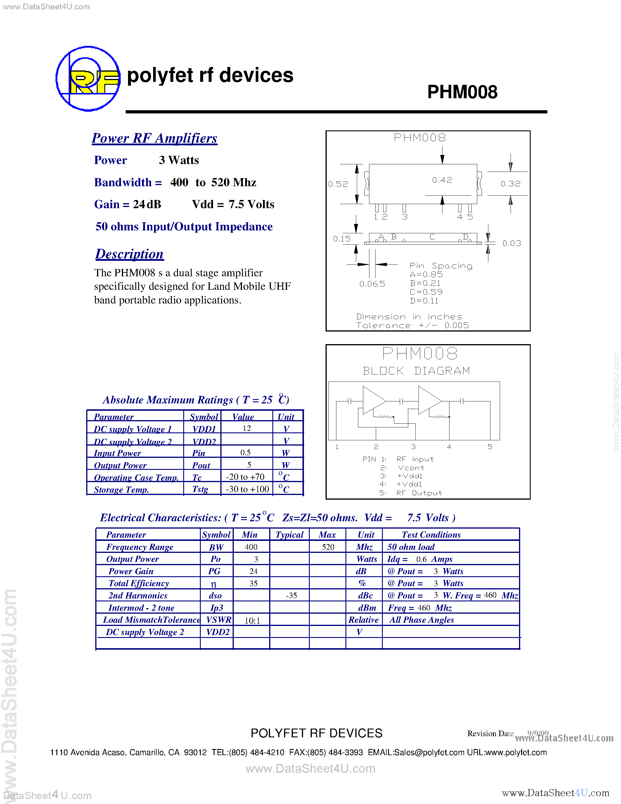 Datasheet PHM008 page 1 Datasheet PHM008 - The PHM008 is a dual stage amplifier specifically designed for Land Mobile page 1