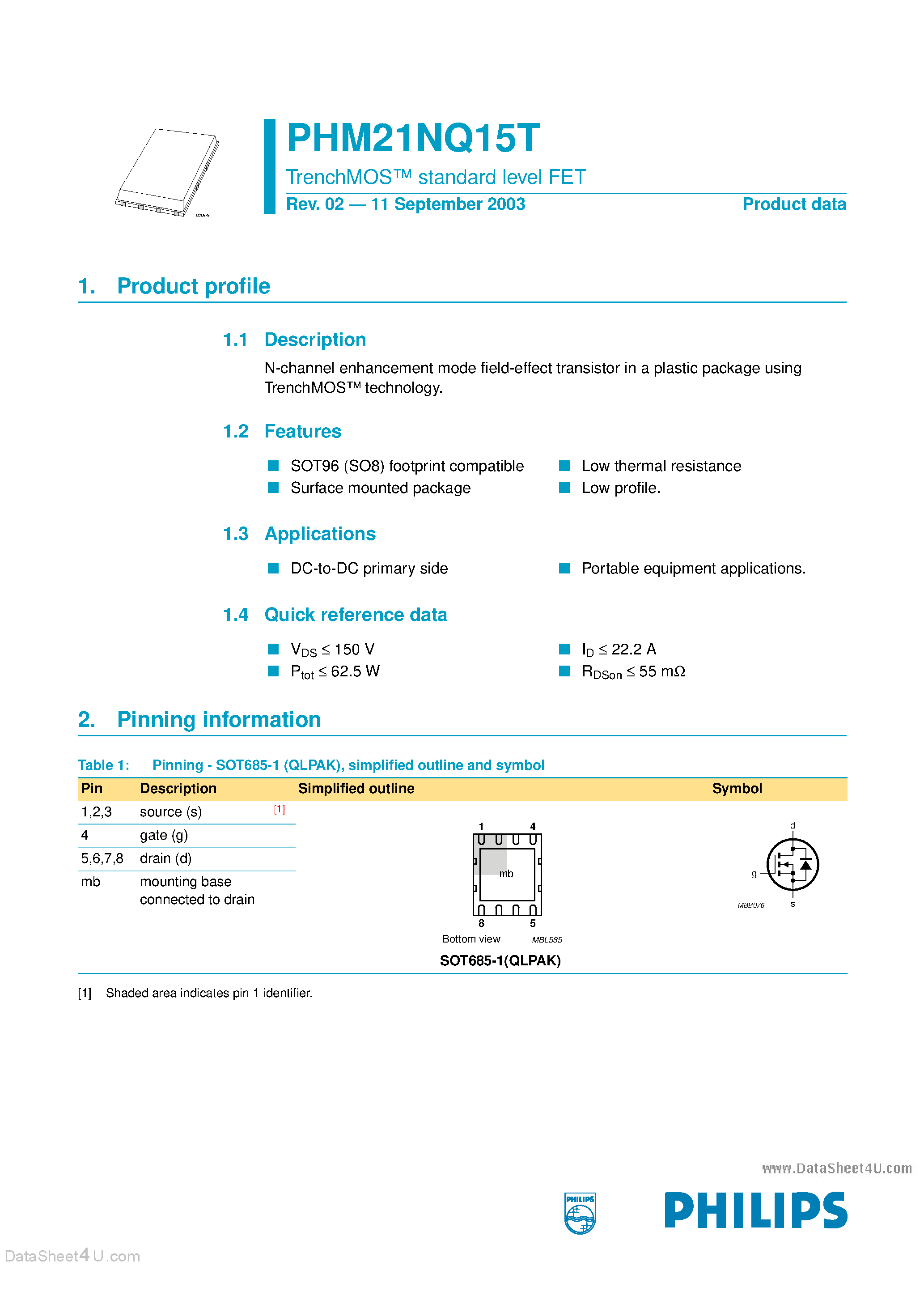 Даташит на микросхему PHM21NQ15T страница 1 Даташит PHM21NQ15T - TrenchMOS standard level FET страница 1