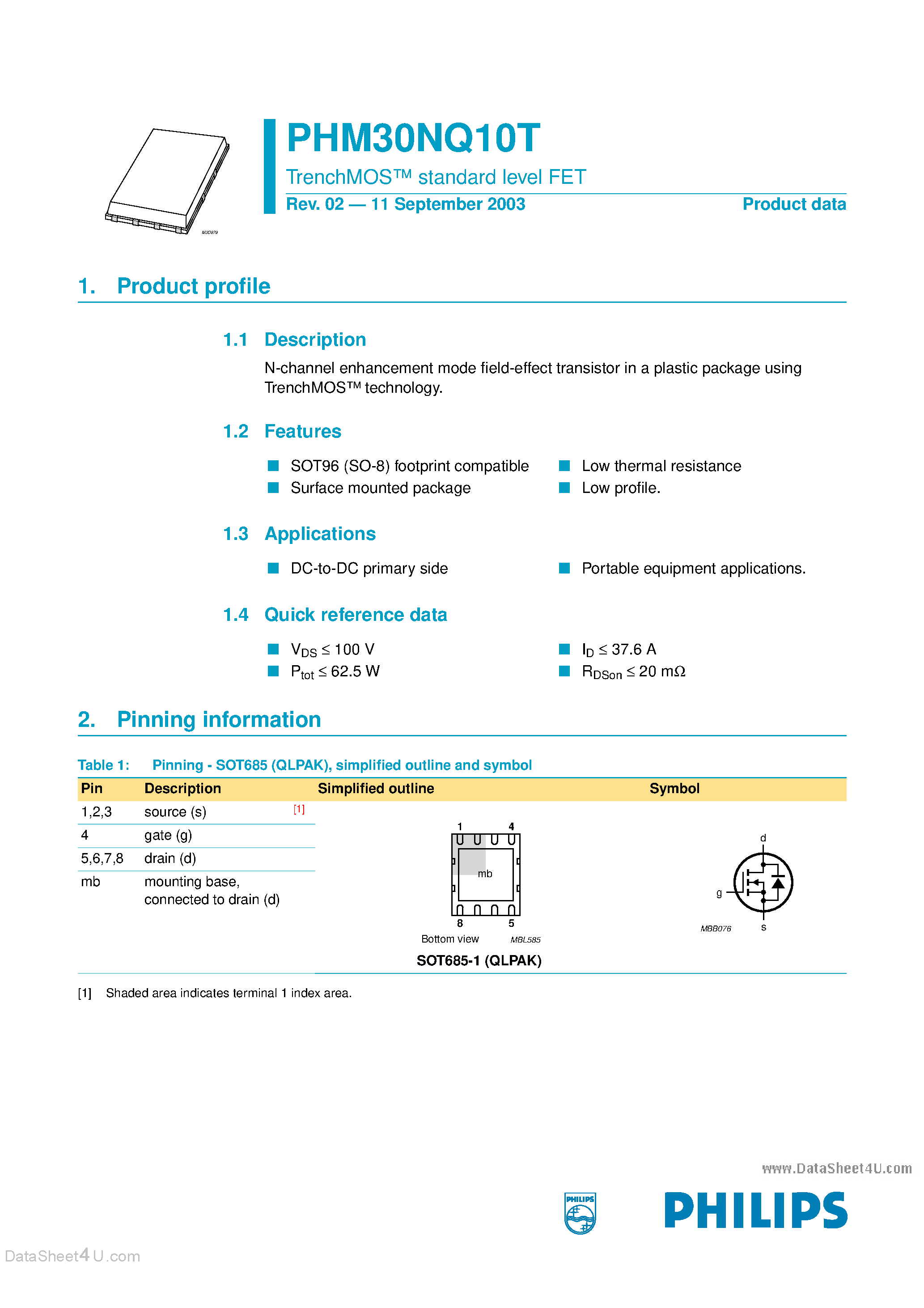 Даташит на микросхему PHM30NQ10T страница 1 Даташит PHM30NQ10T - TrenchMOS standard level FET страница 1