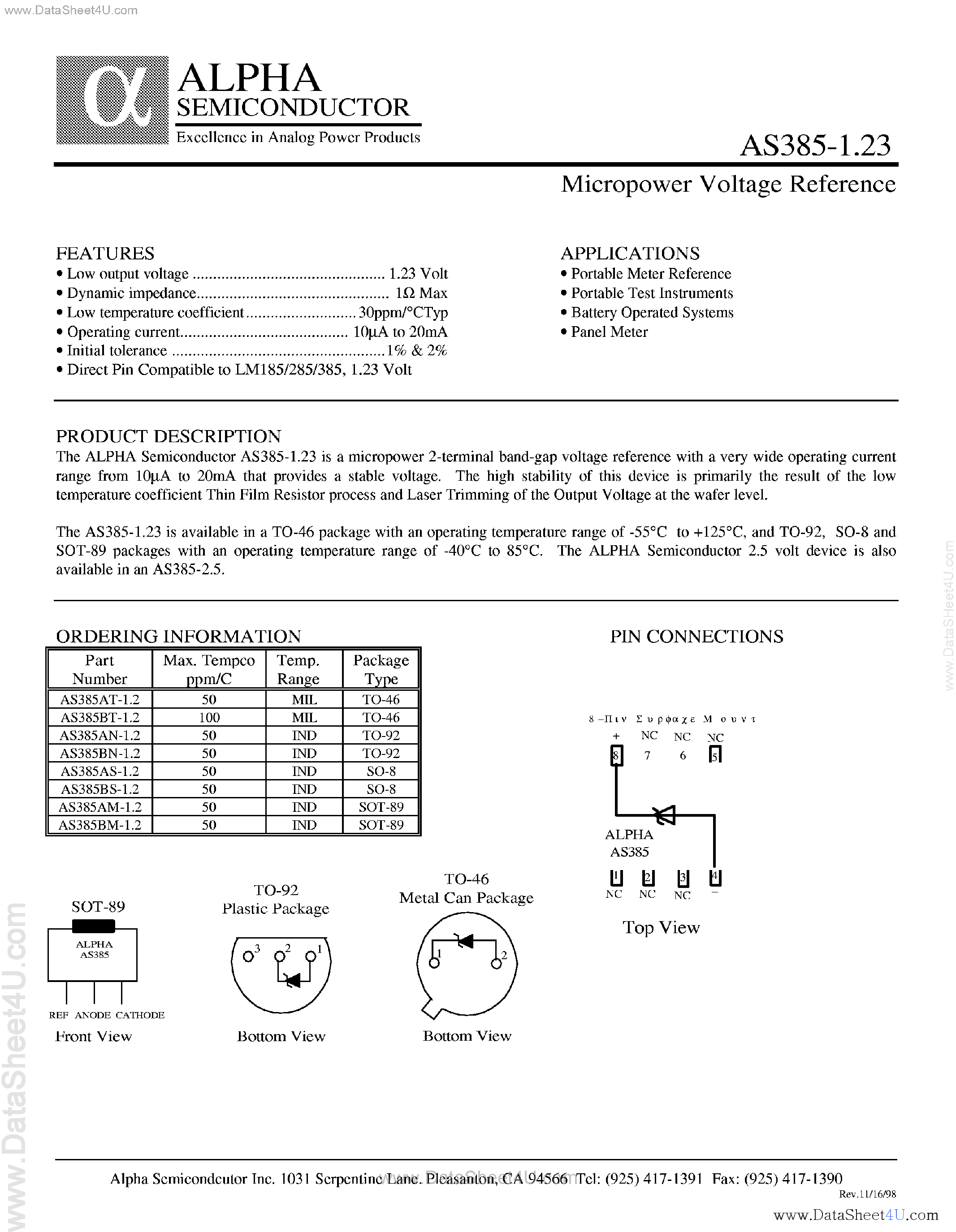 Datasheet AS385-1.23 - Micropower Voltage Reference page 1