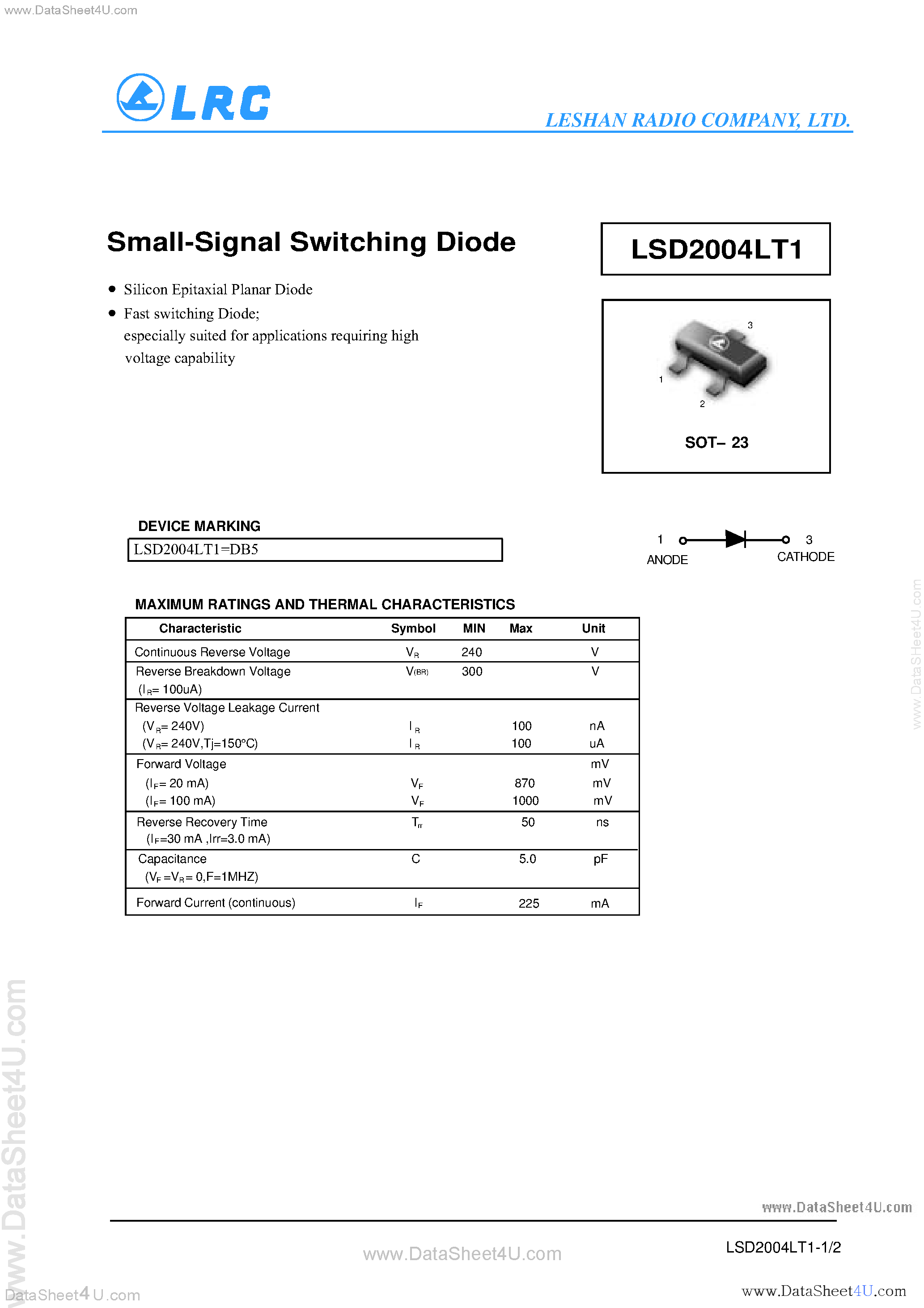 Datasheet LSD2004LT1 - Small-Signal Switching Diode page 1