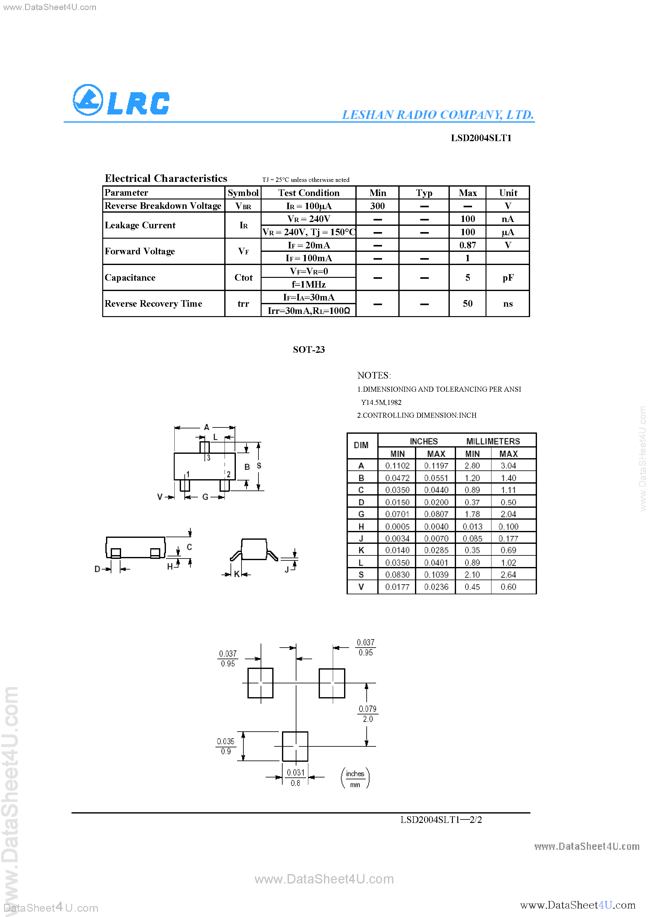 Datasheet LSD2004SLT1 page 2 Datasheet LSD2004SLT1 - Dual In-Series Small-Signal Switching Diode page 2