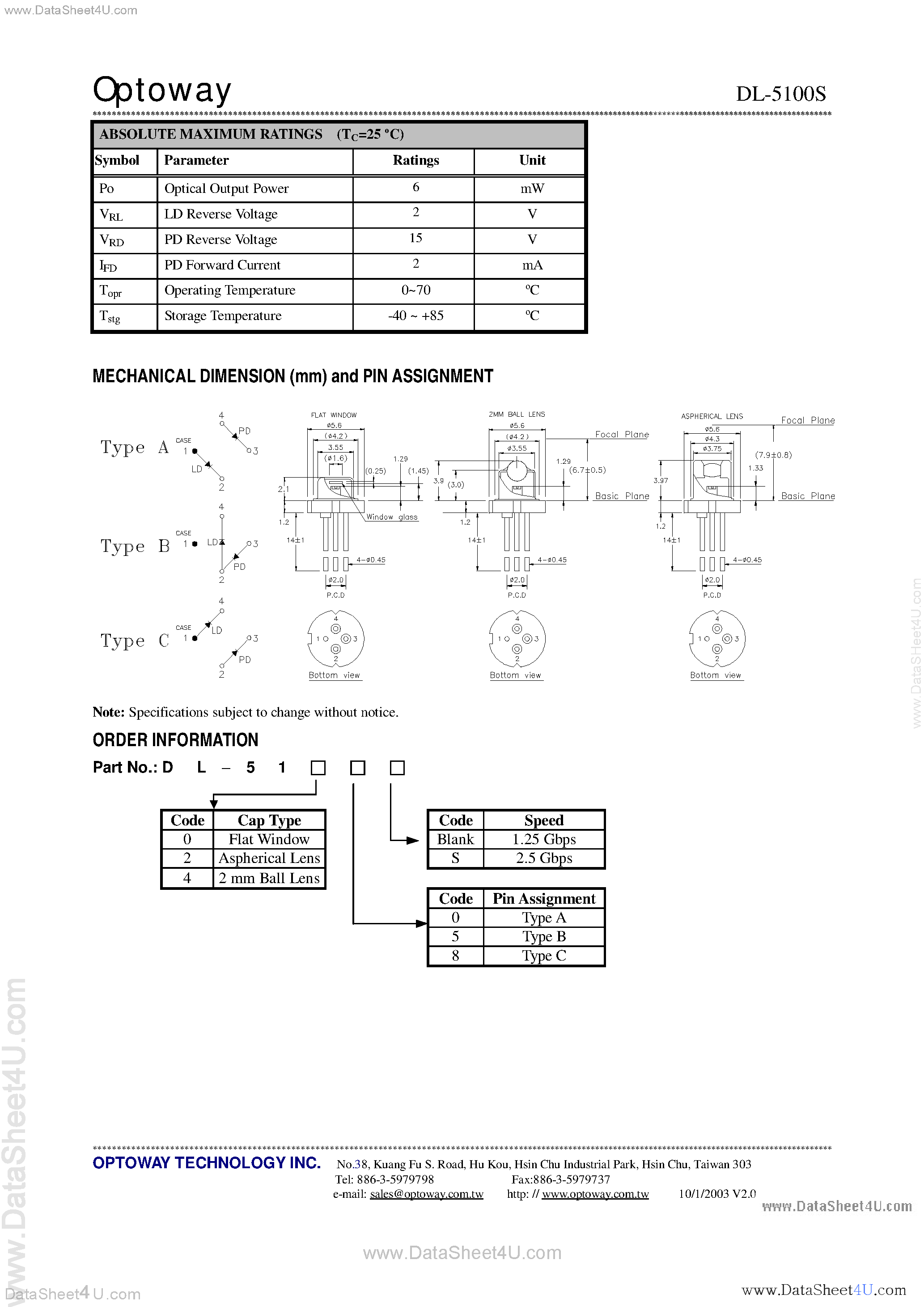 Даташит DL-5100S - 1550 nm DFB LASER DIODES страница 2