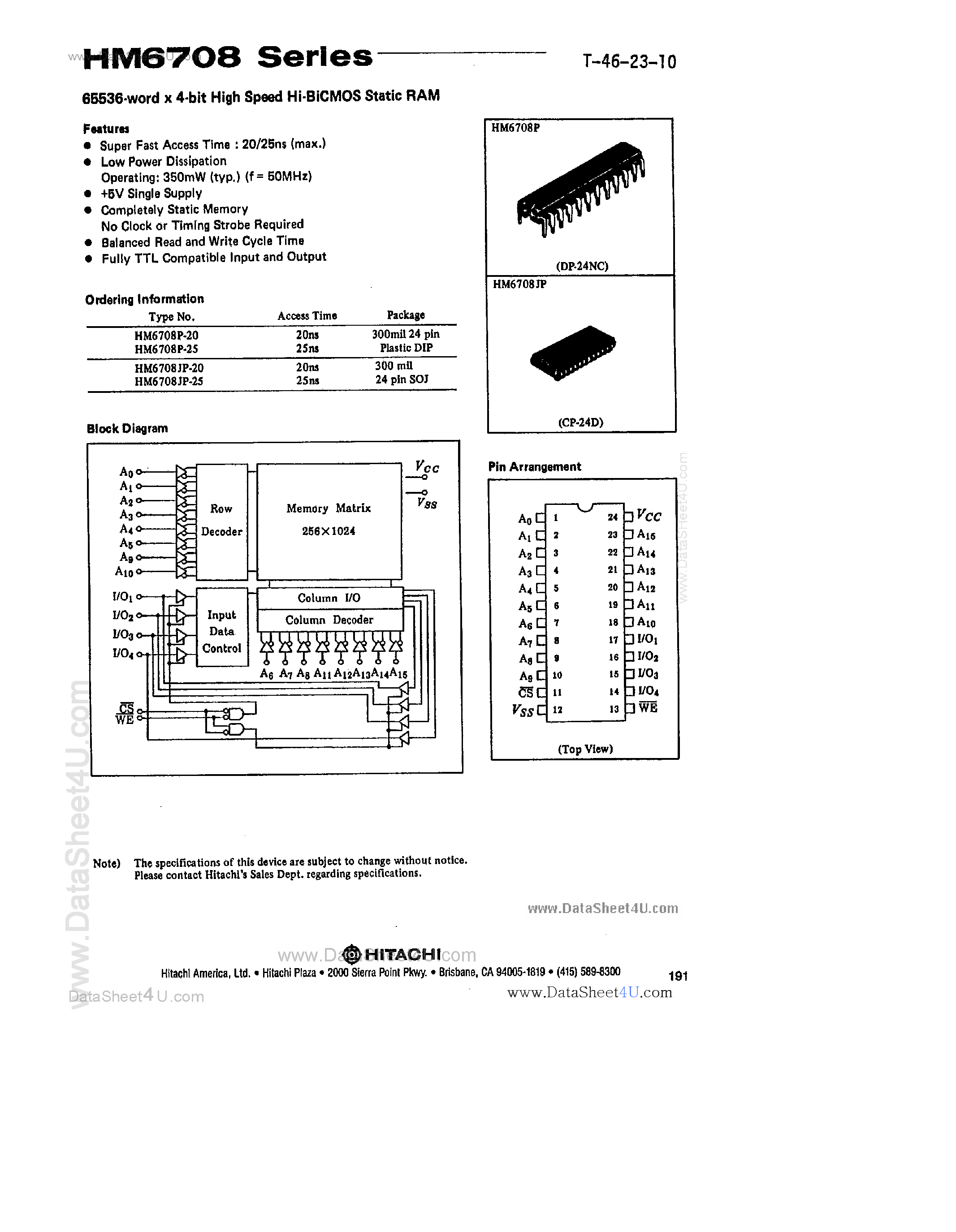 Даташит на микросхему HM6708 страница 1 Даташит HM6708 - High Speed Hi-BiCMOS Static RAM страница 1