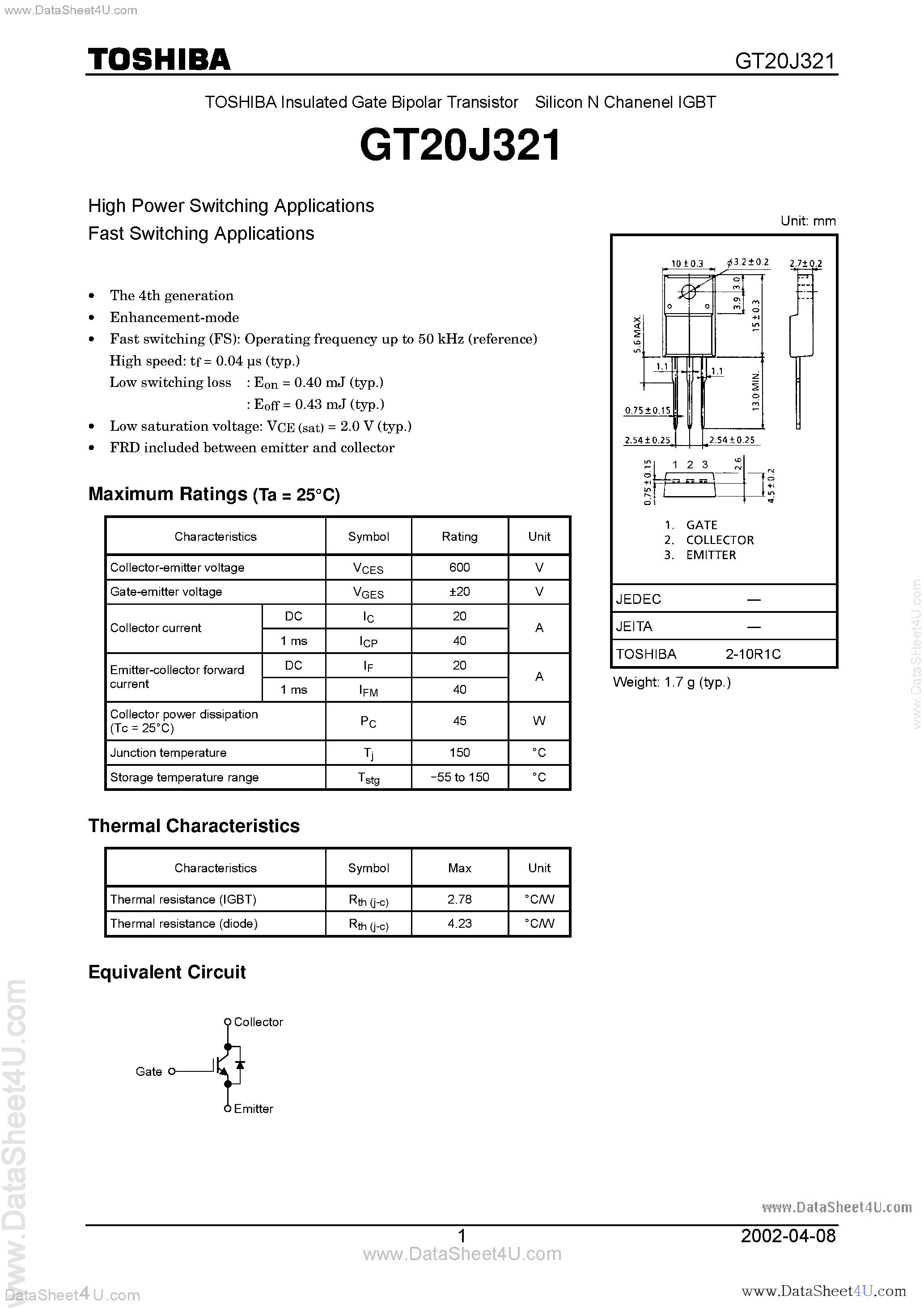 Даташит GT20J321 - High Power Switching Applications Fast Switching Applications страница 1