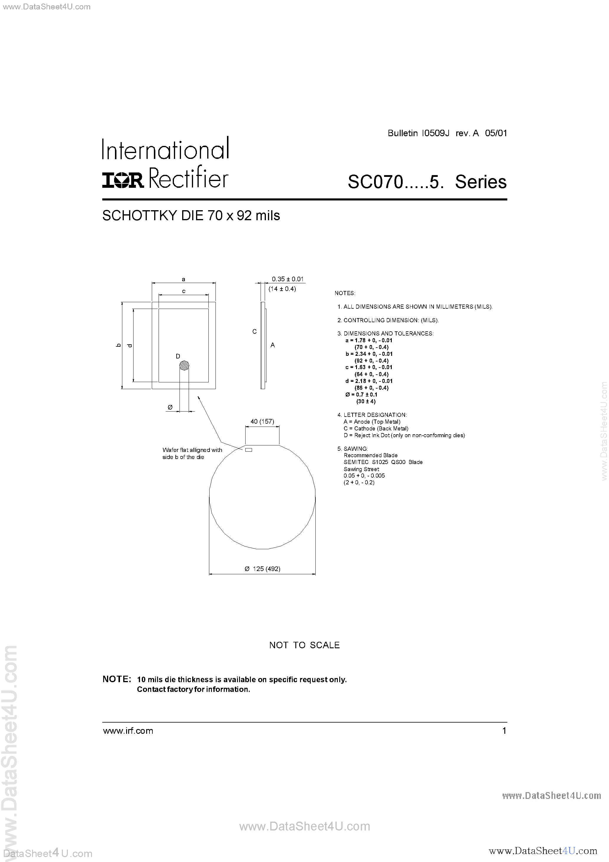 Datasheet SC070 - Schottky Die 70 x 92 Mils page 1