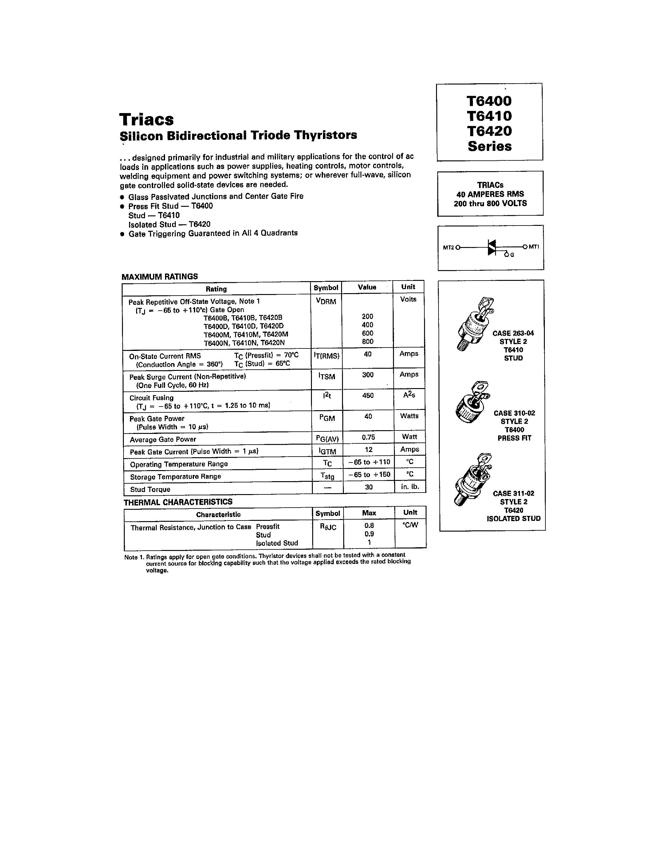 Datasheet T6400 - (T6400 - T6420) TRIACS page 1