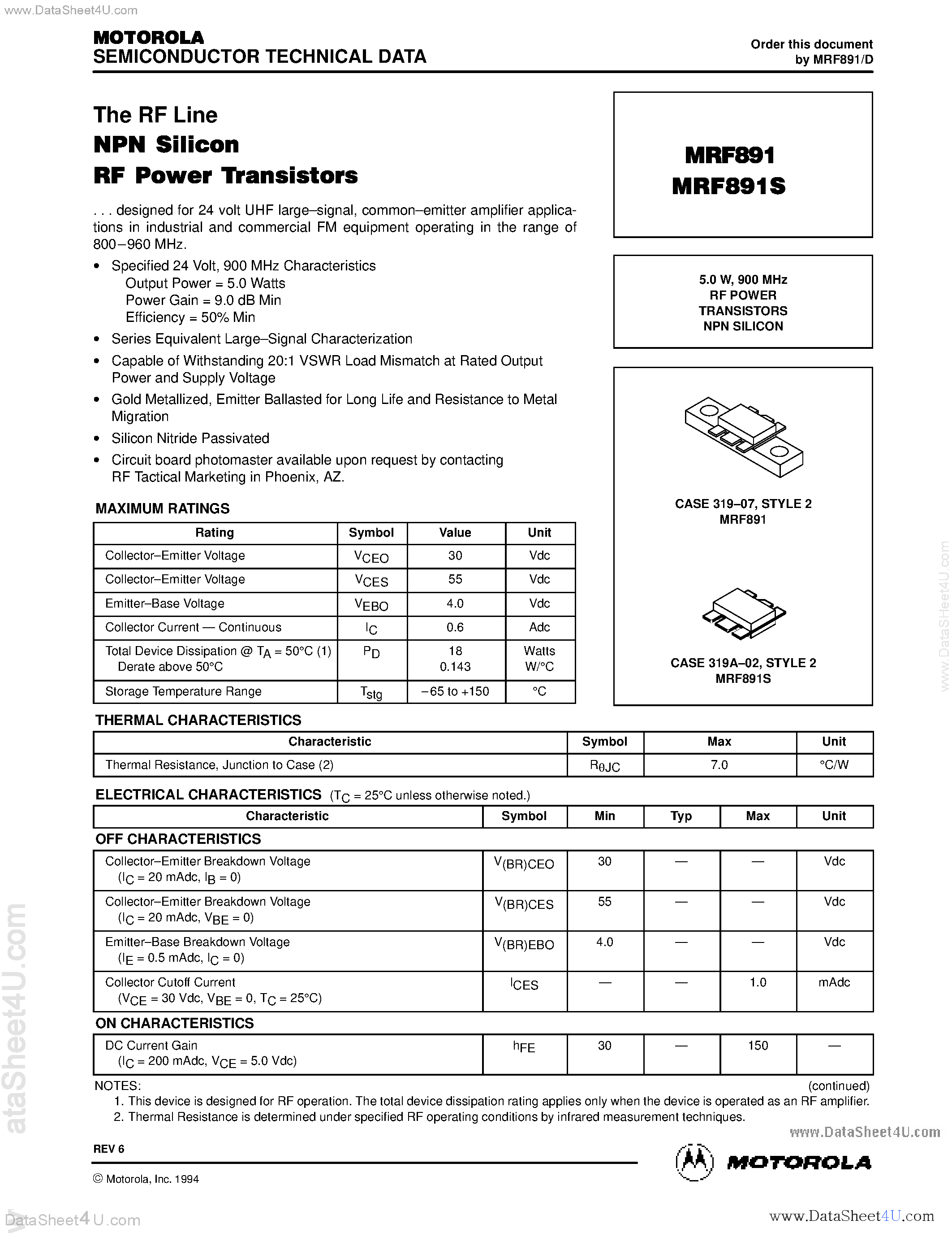 Datasheet MRF891 - RF POWER TRANSISTORS NPN SILICON page 1