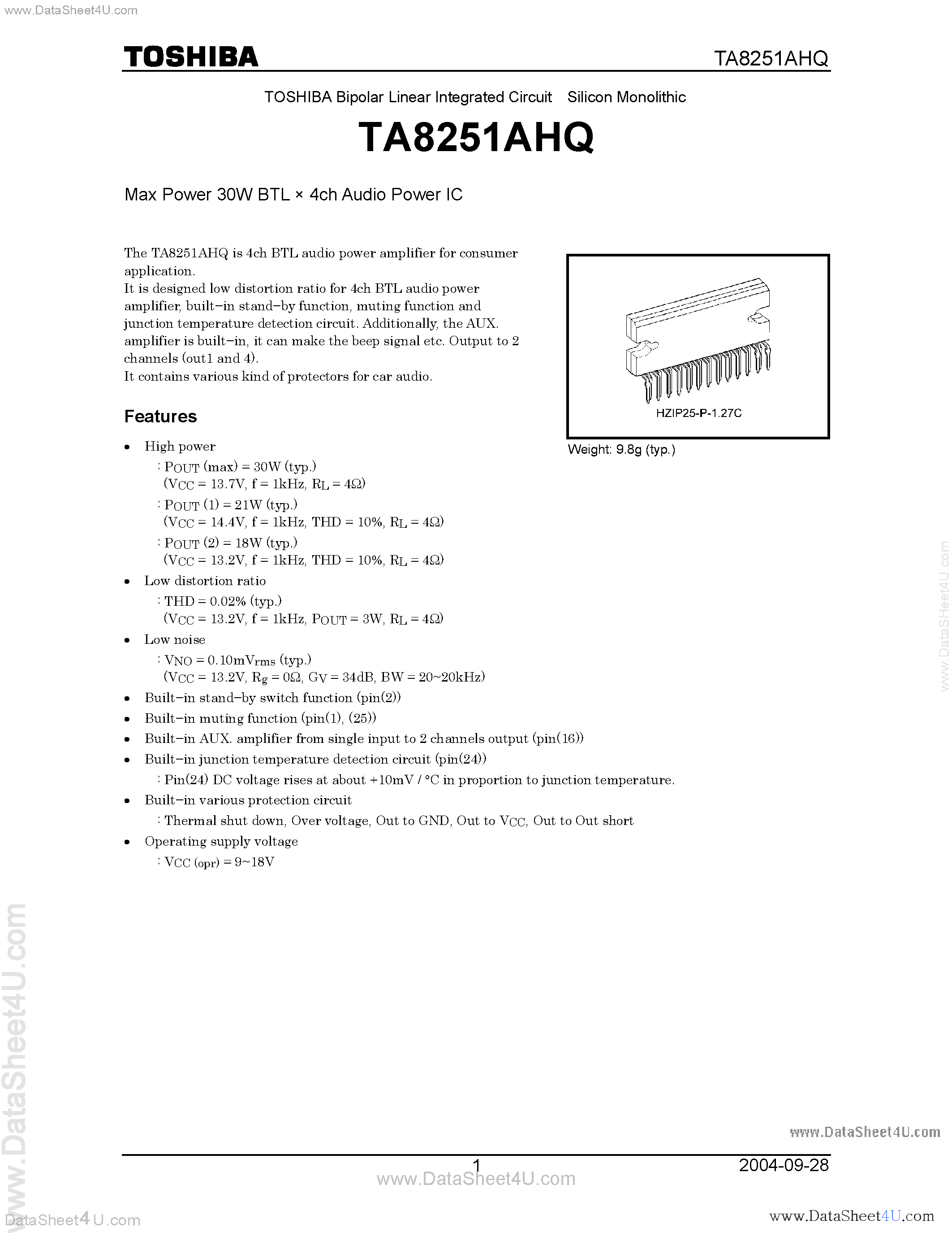 Даташит TA8251AHQ - MAX POWER 30W BTL x 4CH AUDIO POWER IC страница 1