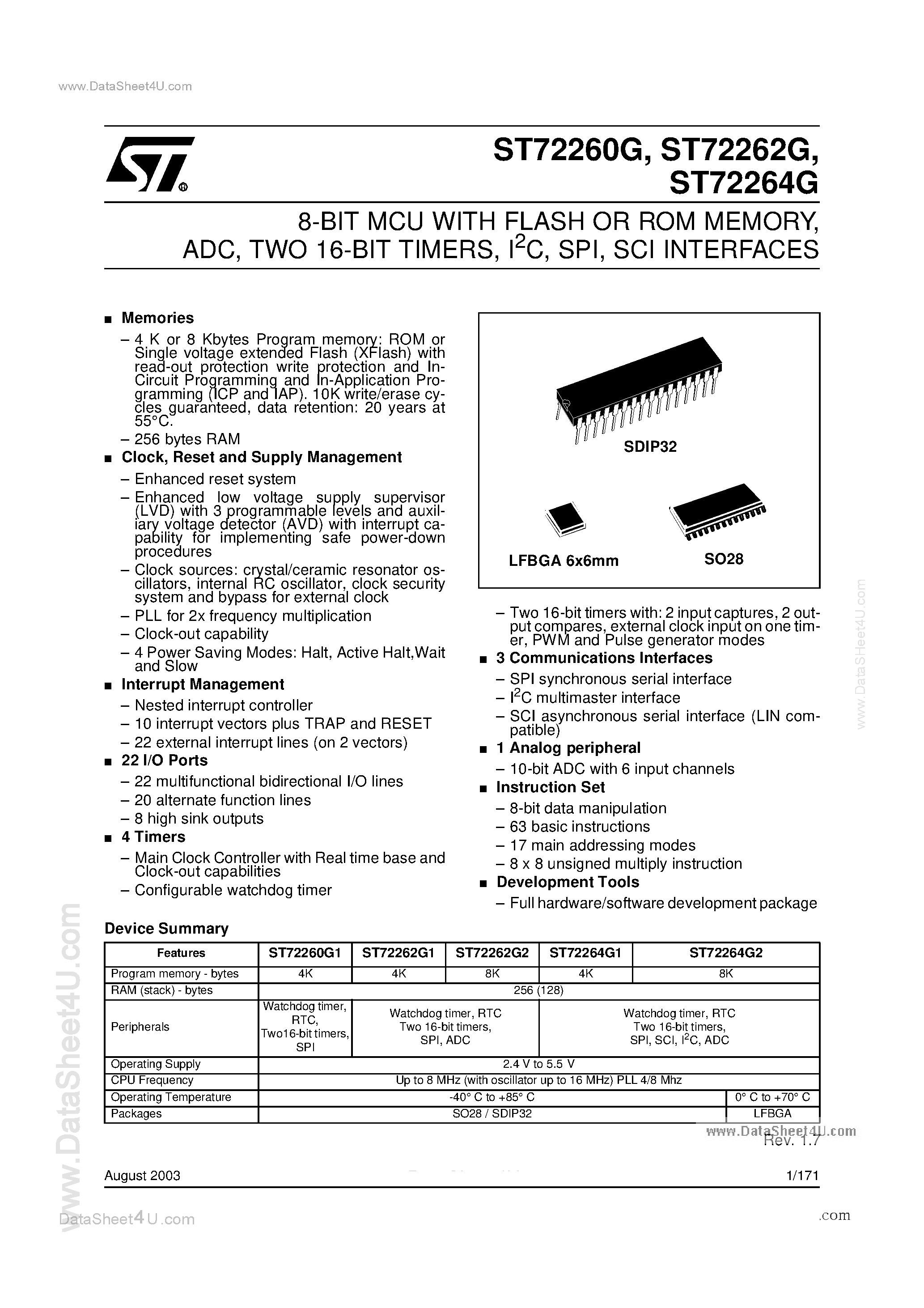 Datasheet ST72F260G page 1 Datasheet ST72F260G - (ST72F260G - ST72F264G) 8-BIT MCU page 1