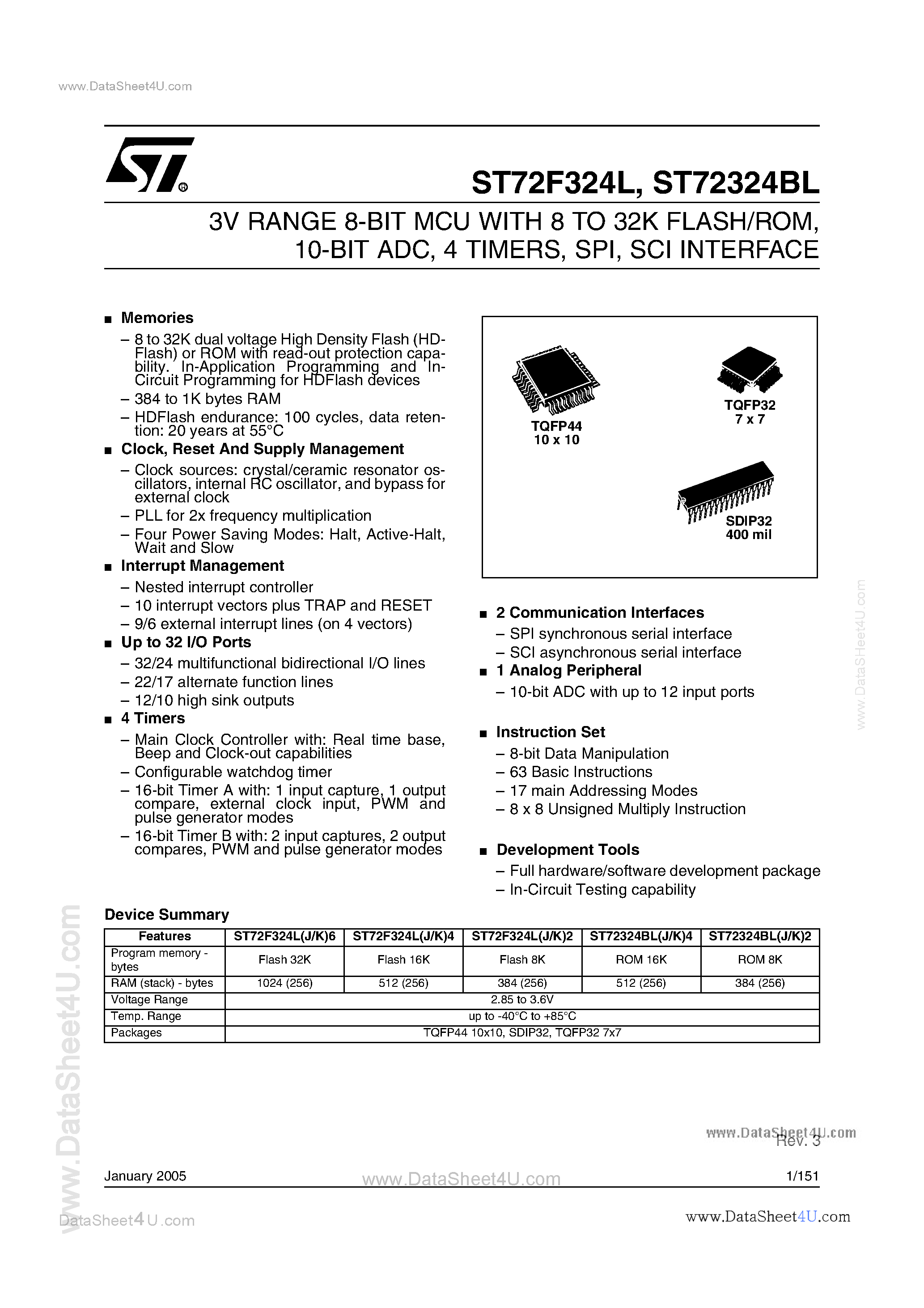 Datasheet ST72F324BL page 1 Datasheet ST72F324BL - 3V RANGE 8-BIT MCU page 1
