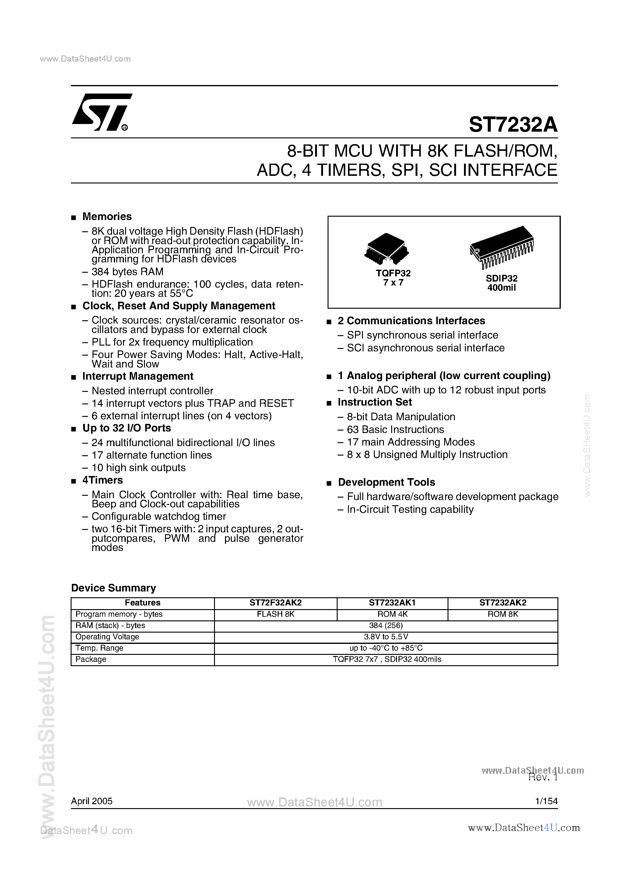 Datasheet ST72F32A - 8-BIT MCU page 1
