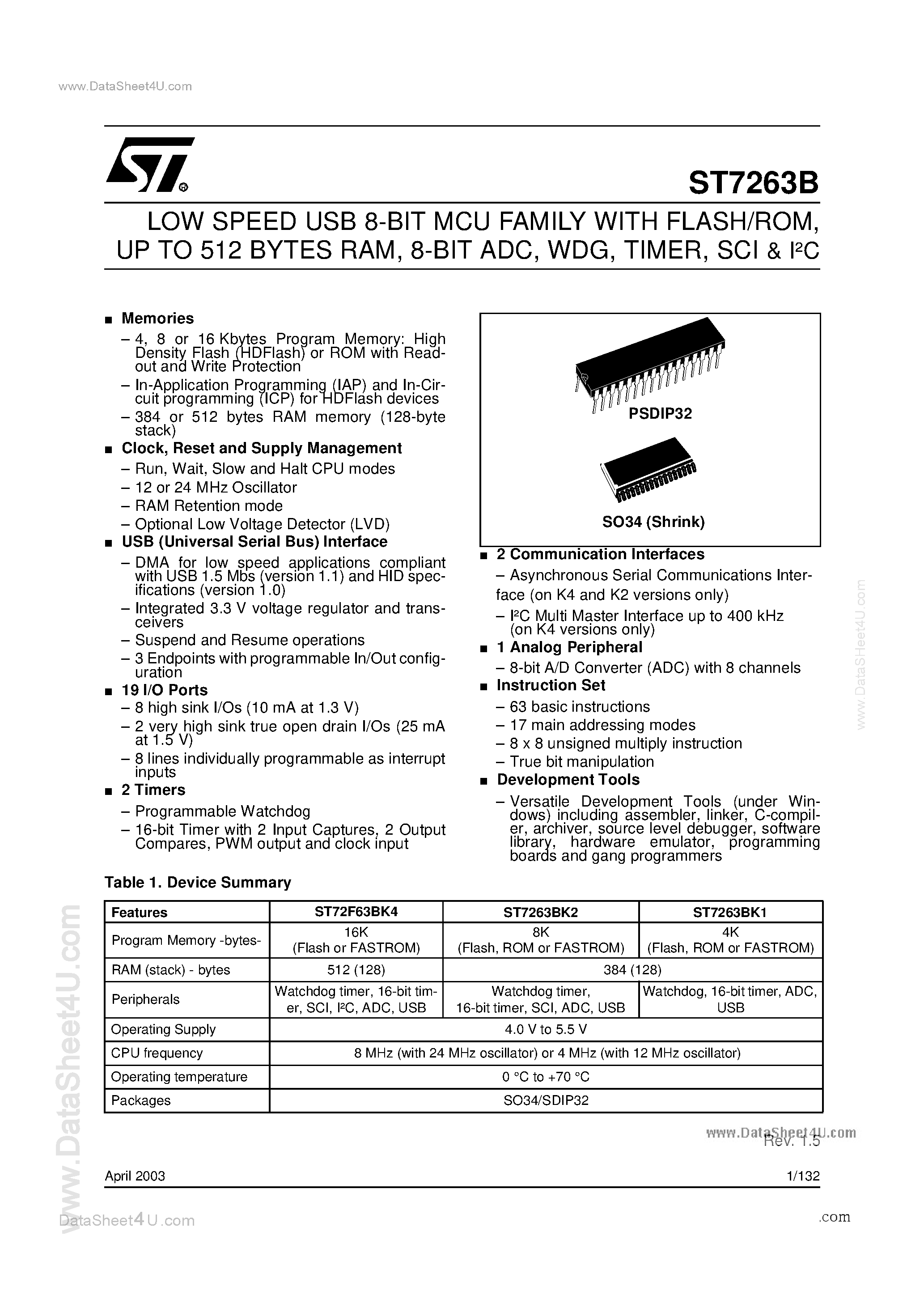 Datasheet ST72F63B page 1 Datasheet ST72F63B - LOW SPEED USB 8-BIT MCU page 1